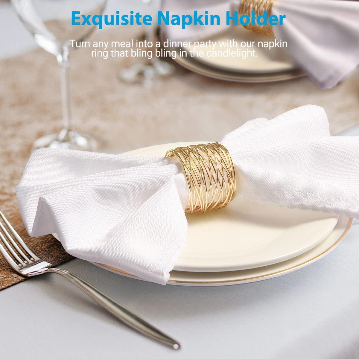 Twisted Wire Mesh Napkin Rings Holders Gold 12pcs Set