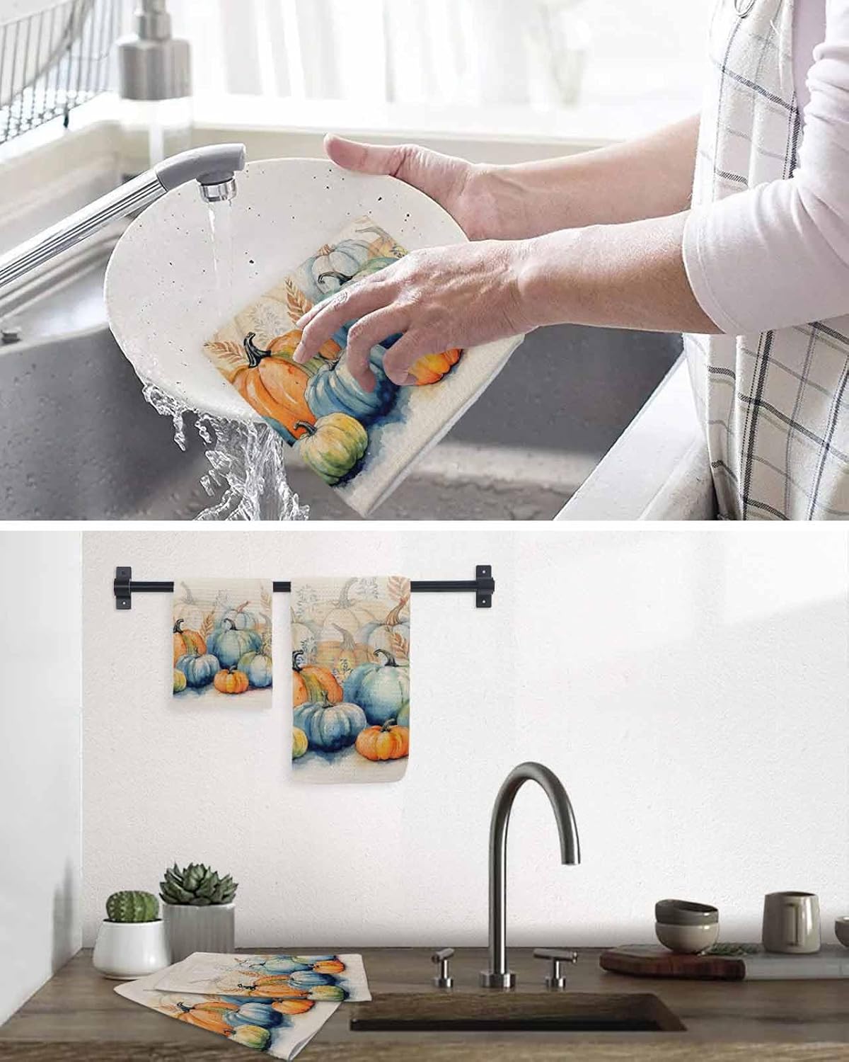 Blue Orange Pumpkins Hand Towels Set