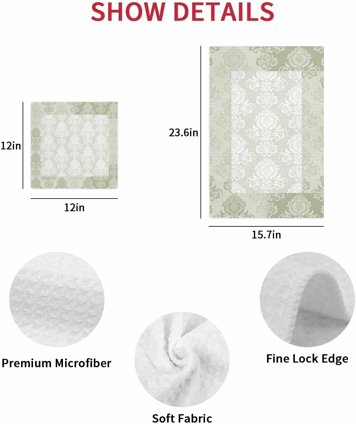 Sage Green Damask Hand Towels Set 4 Piece