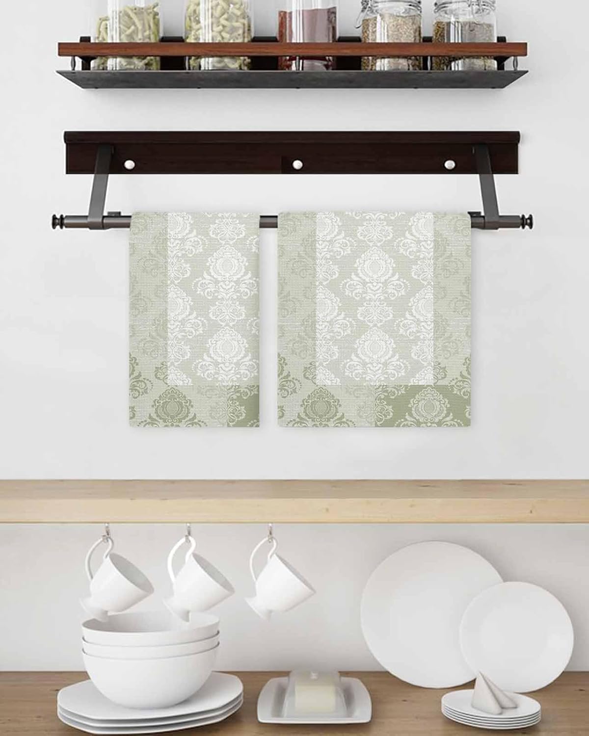 Sage Green Damask Hand Towels Set 4 Piece