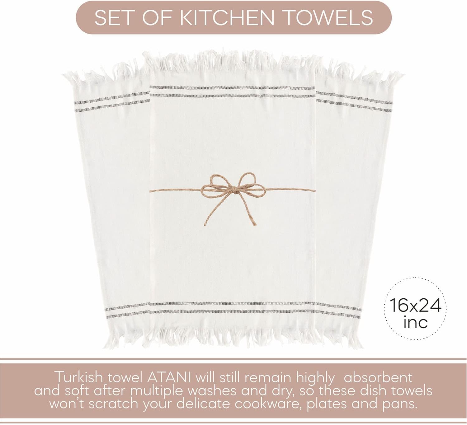 ATANI Turkish Kitchen Towels 3 Set Pure Turkish Cotton Quick-Dry Dish Towels