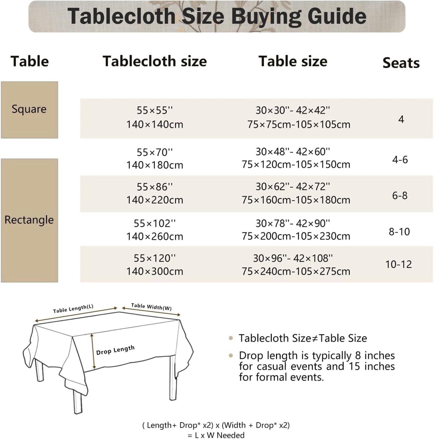 55x 120 Rustic Waterproof Linen Tablecloth - Heavy Weight Beige with Coffee Leaves Embroidery