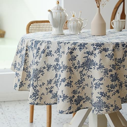 Pastoral 60-Inch Round Tablecloth Floral Linen Tablecloth Washable Dust-Proof