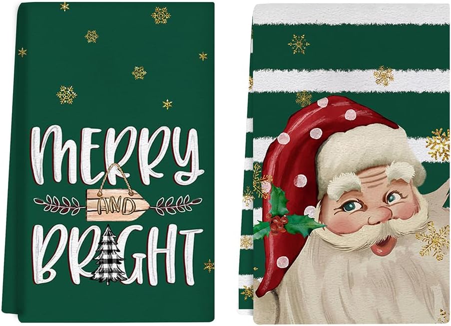Nostalgic Christmas Kitchen Towels Set of 2 Green Xmas Dish Hand Towels