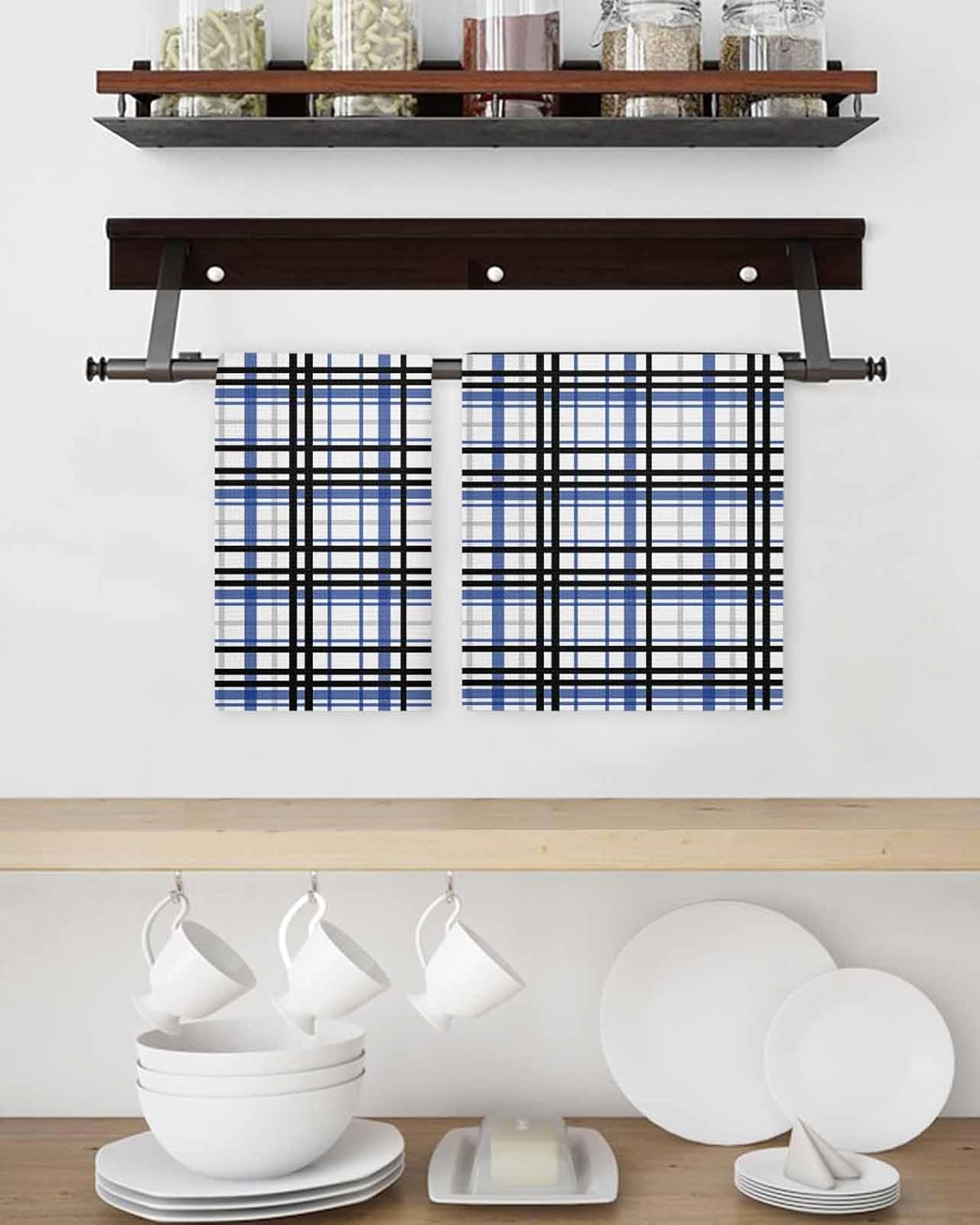 Habitucy Blue Black Plaid Hand Towels Set Retro Farmhouse Kitchen