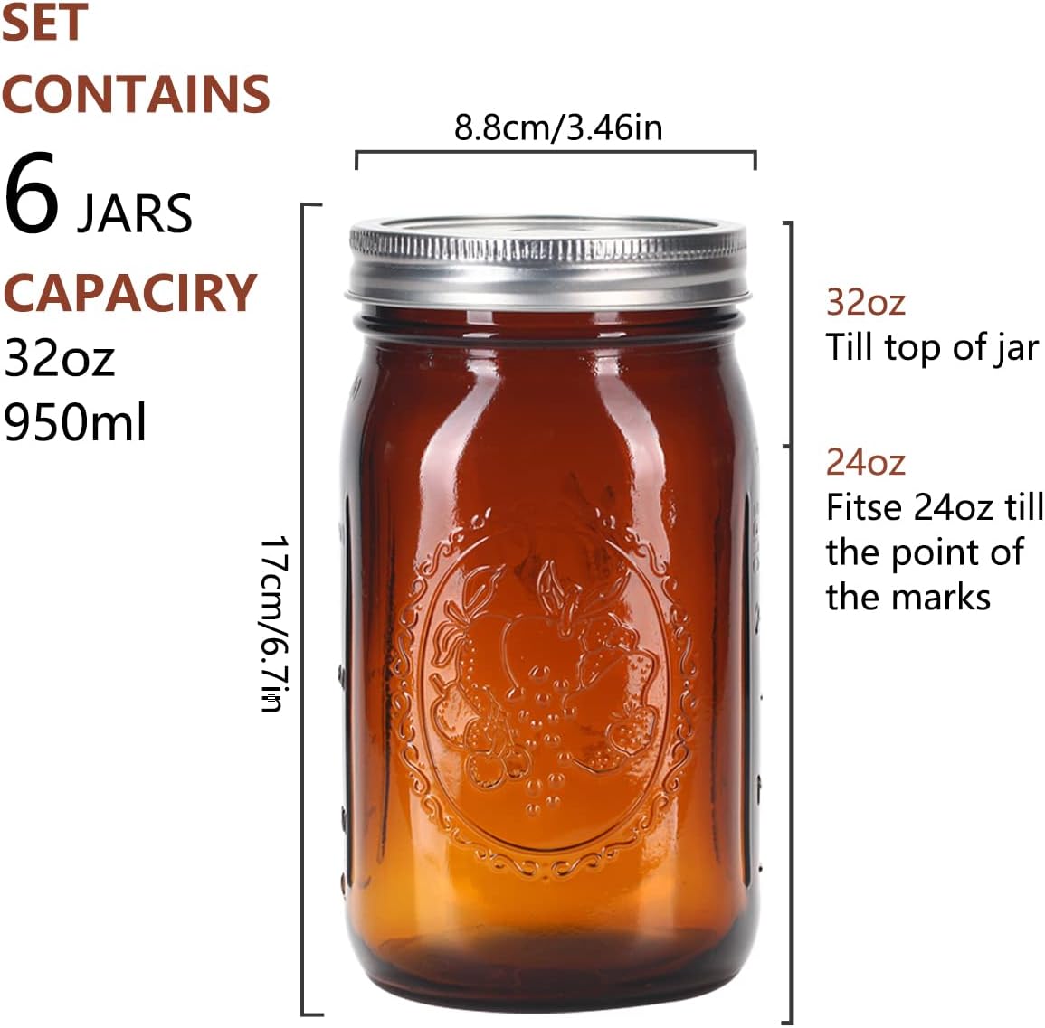 Eleganttime Amber Glass Mason Jars 32 oz Wide Mouth 6-Pack