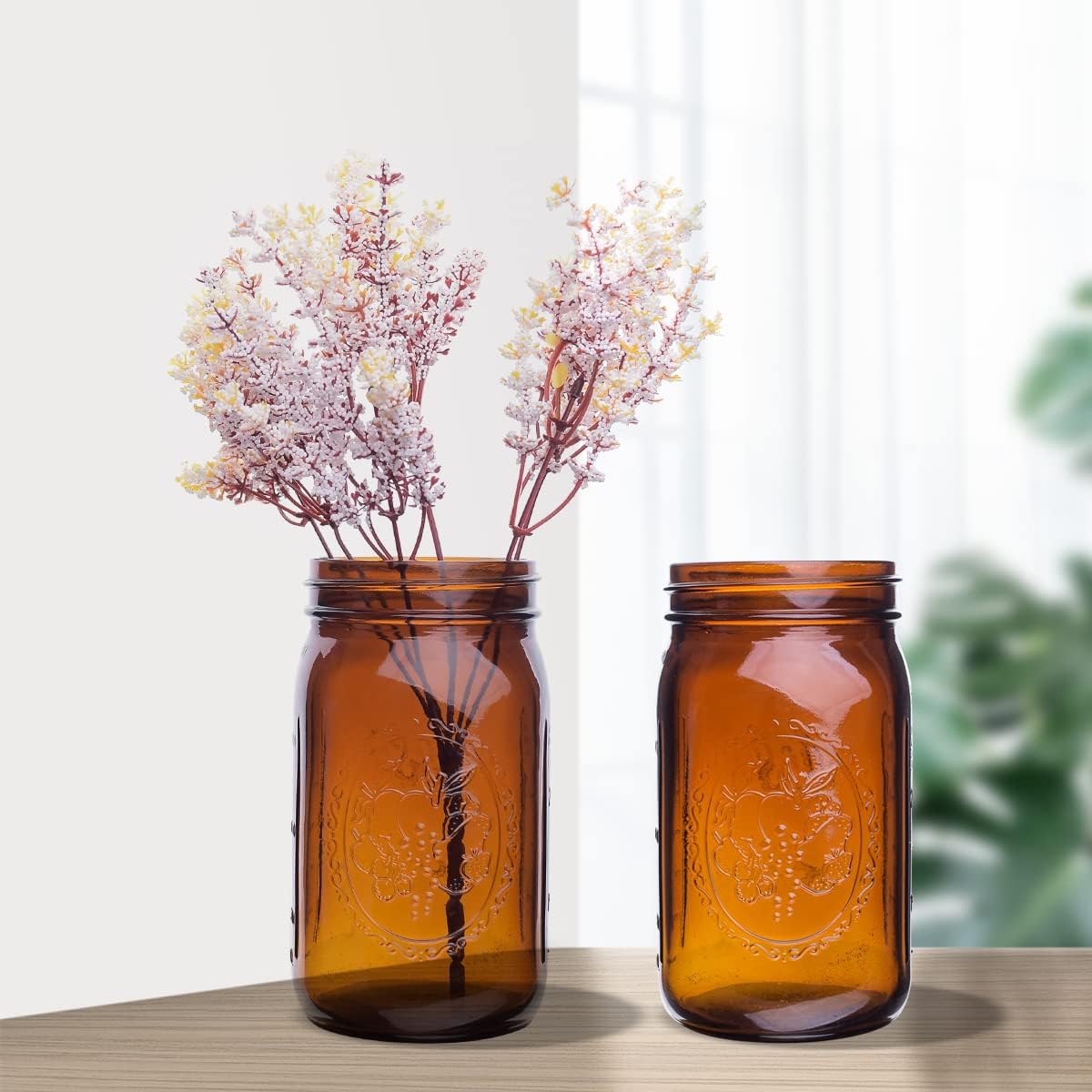 Eleganttime Amber Glass Mason Jars 32 oz Wide Mouth 6-Pack