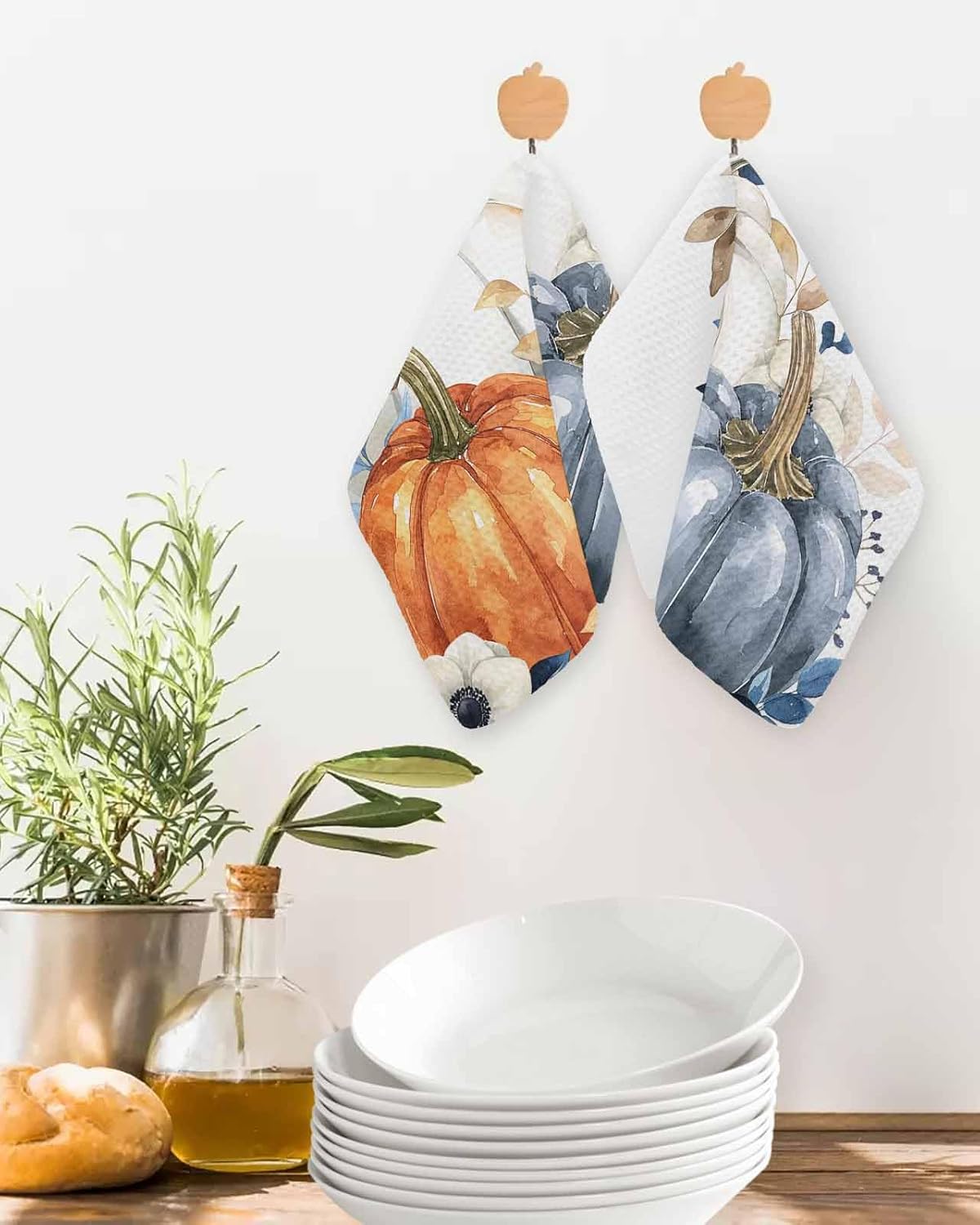 HABTUCYOrange Blue White Pumpkins Dish Towel Set Waffle Weave 2-Piece