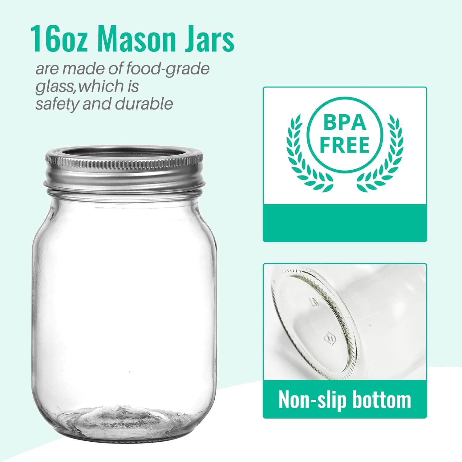 16oz Glass Mason Jars Set Eco-Friendly with Bands 15 Pack