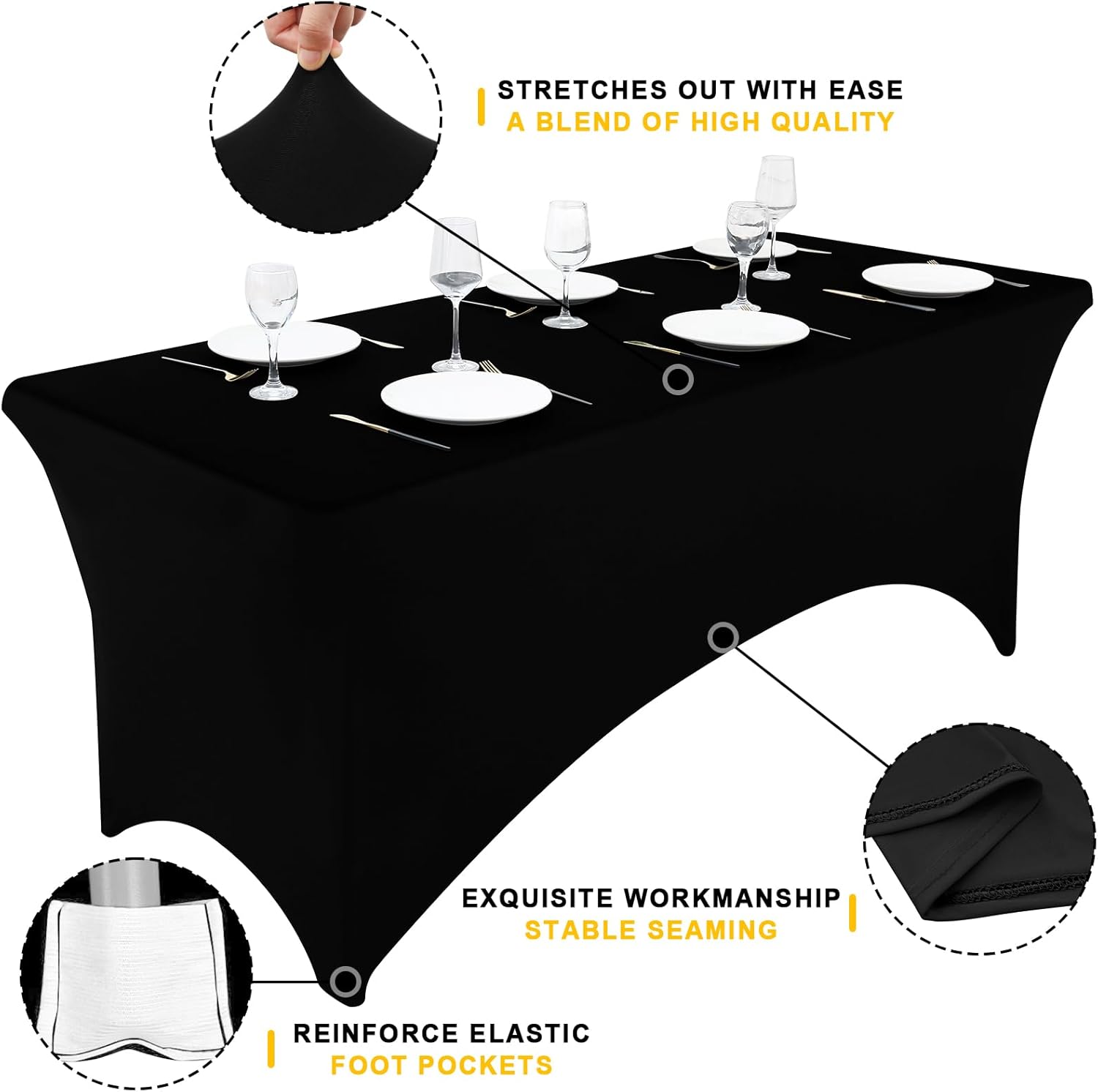 Smiry 2-Pack Elastic Tablecloth for Rectangular Tables Black 6FT