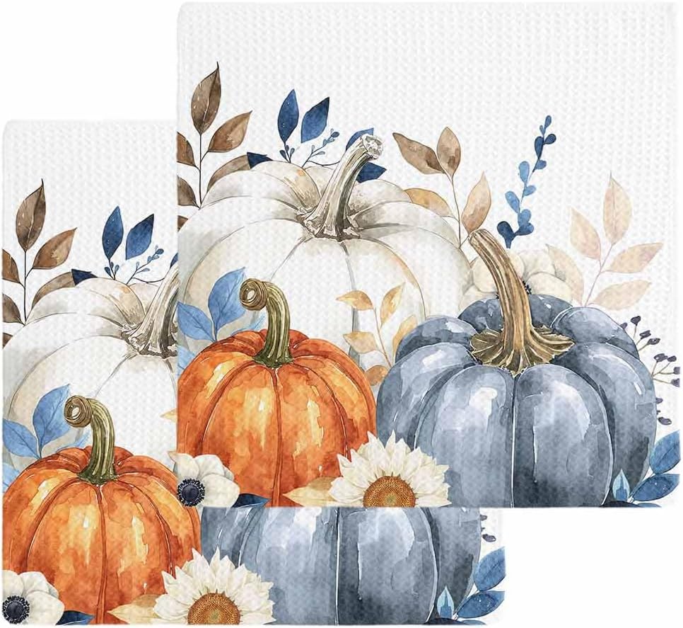 HABTUCYOrange Blue White Pumpkins Dish Towel Set Waffle Weave 2-Piece