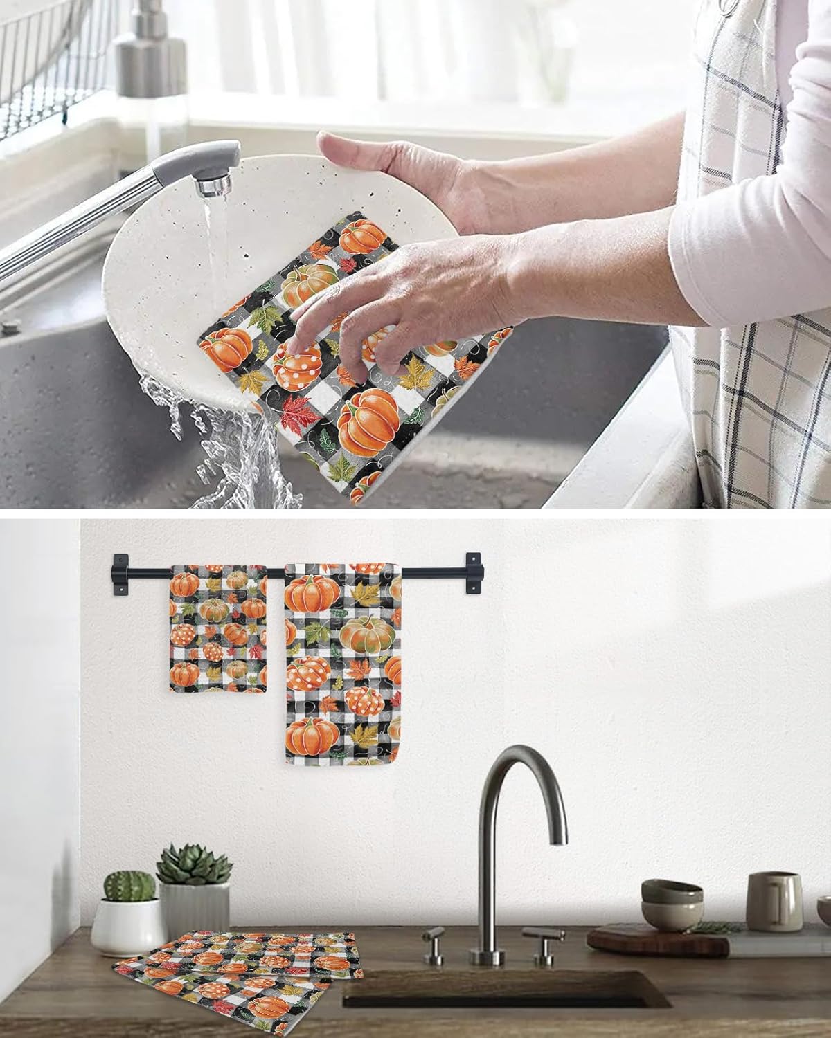 Buffalo Plaid Pumpkins Dish Towels Set