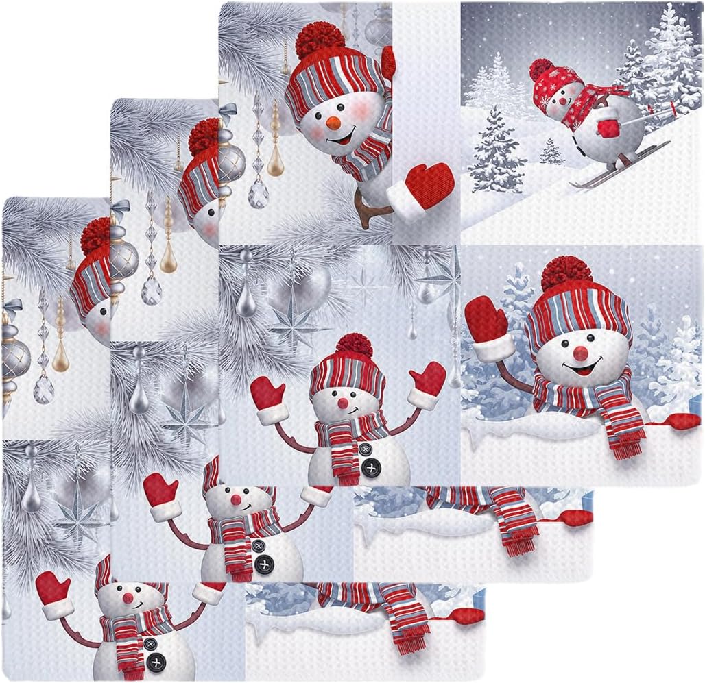 Habtucy Red Snowman Waffle Weave Dish Towels Set 3-Piece Microfiber Quick Drying