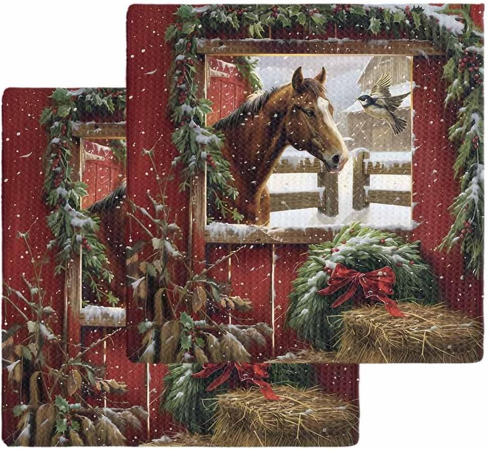 Habtucy 12x12 Waffle Dish Towels Perfect for Christmas Harvest Red 2-Pack