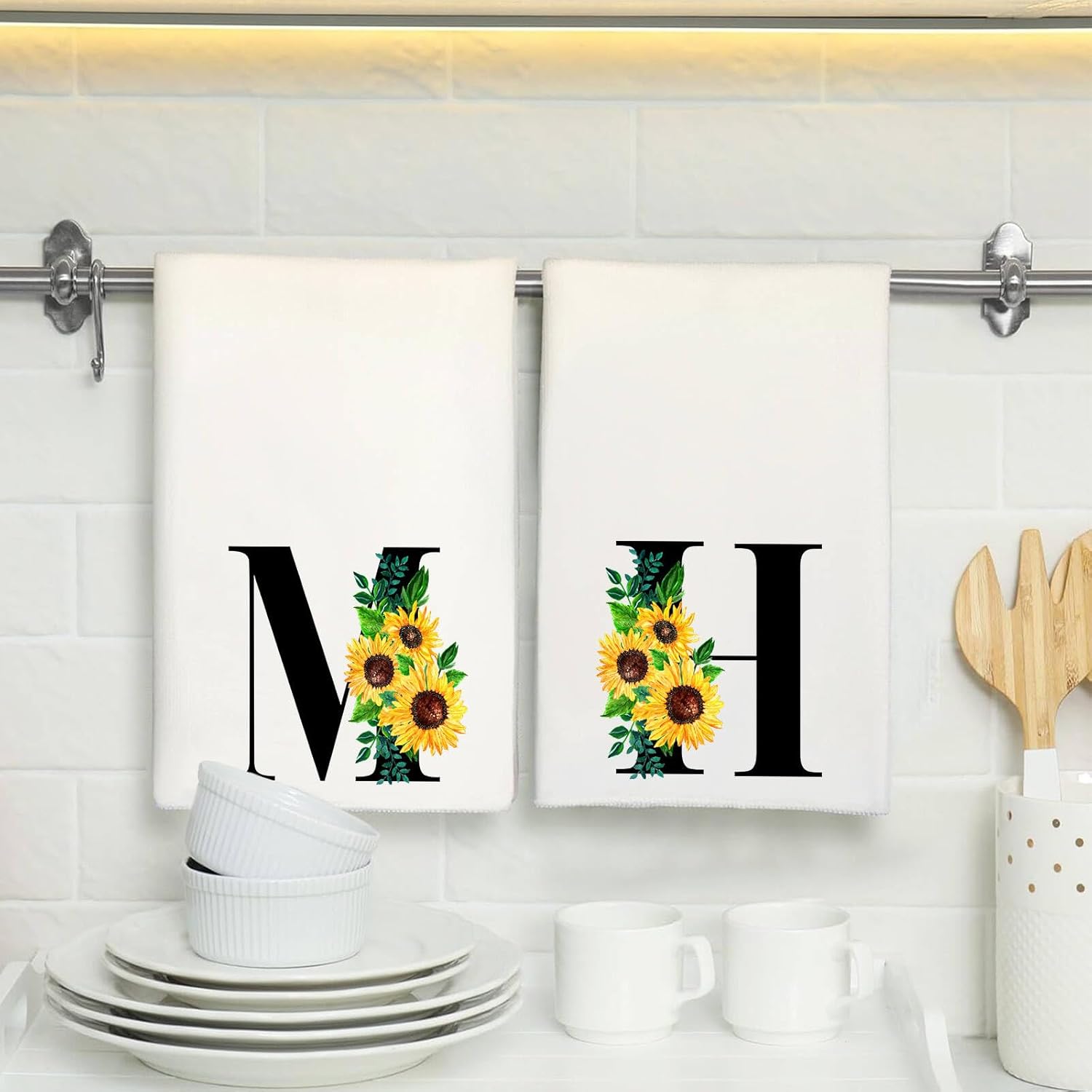 Monogrammed Sunflower Hand Towels Personalized Initial Kitchen Gifts for Women