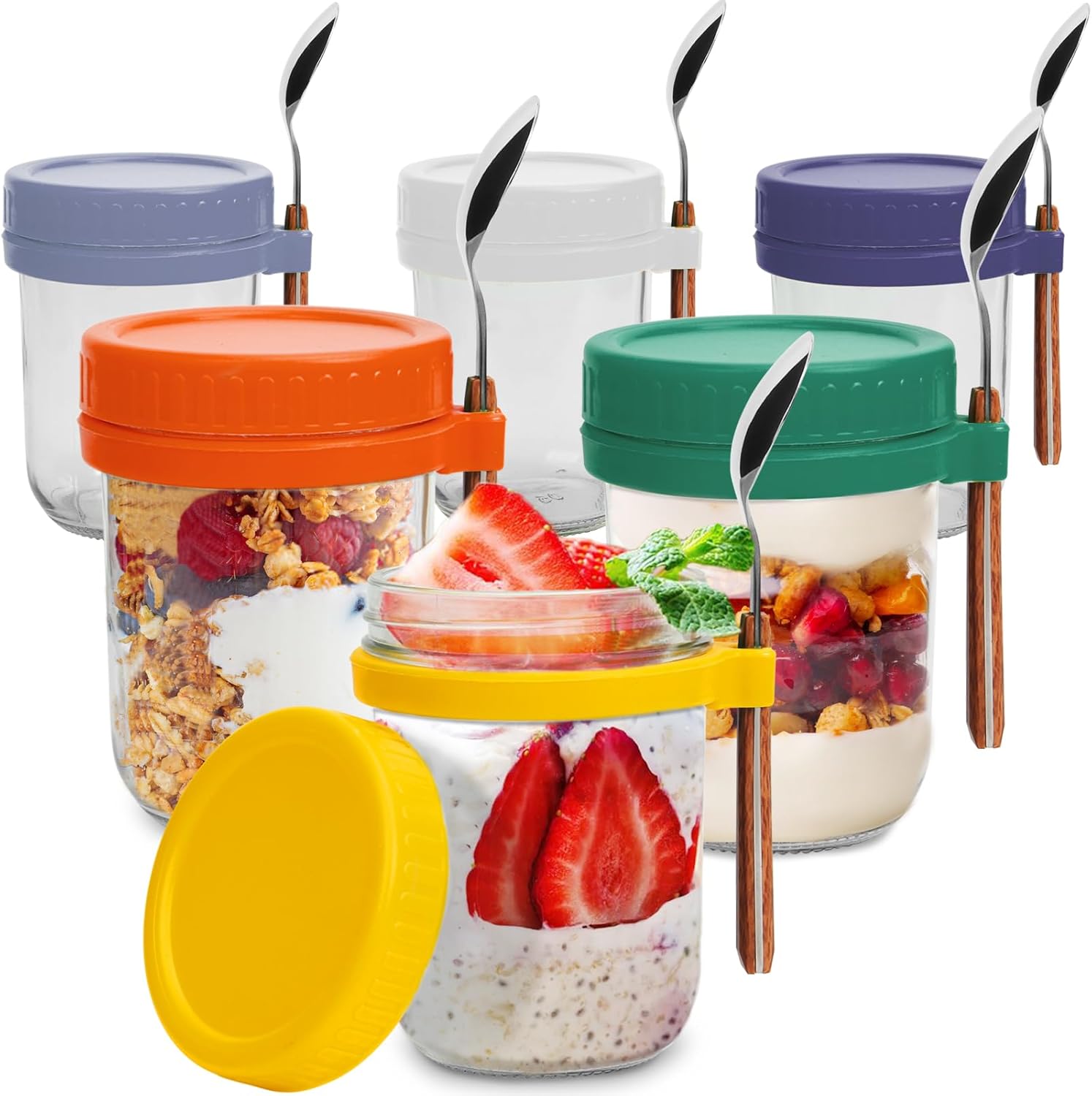 6-Piece Glass Overnight Oats Vessel Set with Lid and Spoon Holder