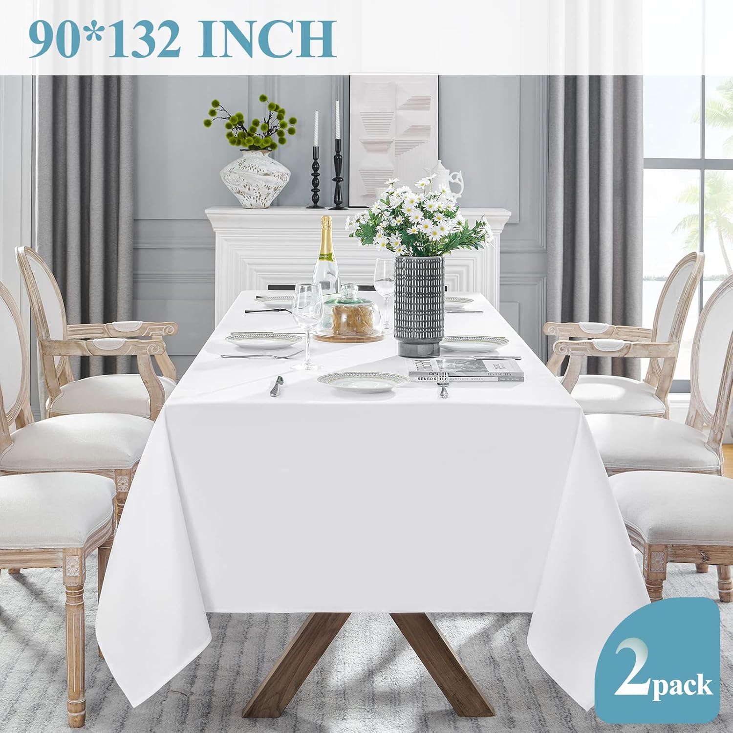VidaFete 2-Piece 90x132 White Tablecloth Set