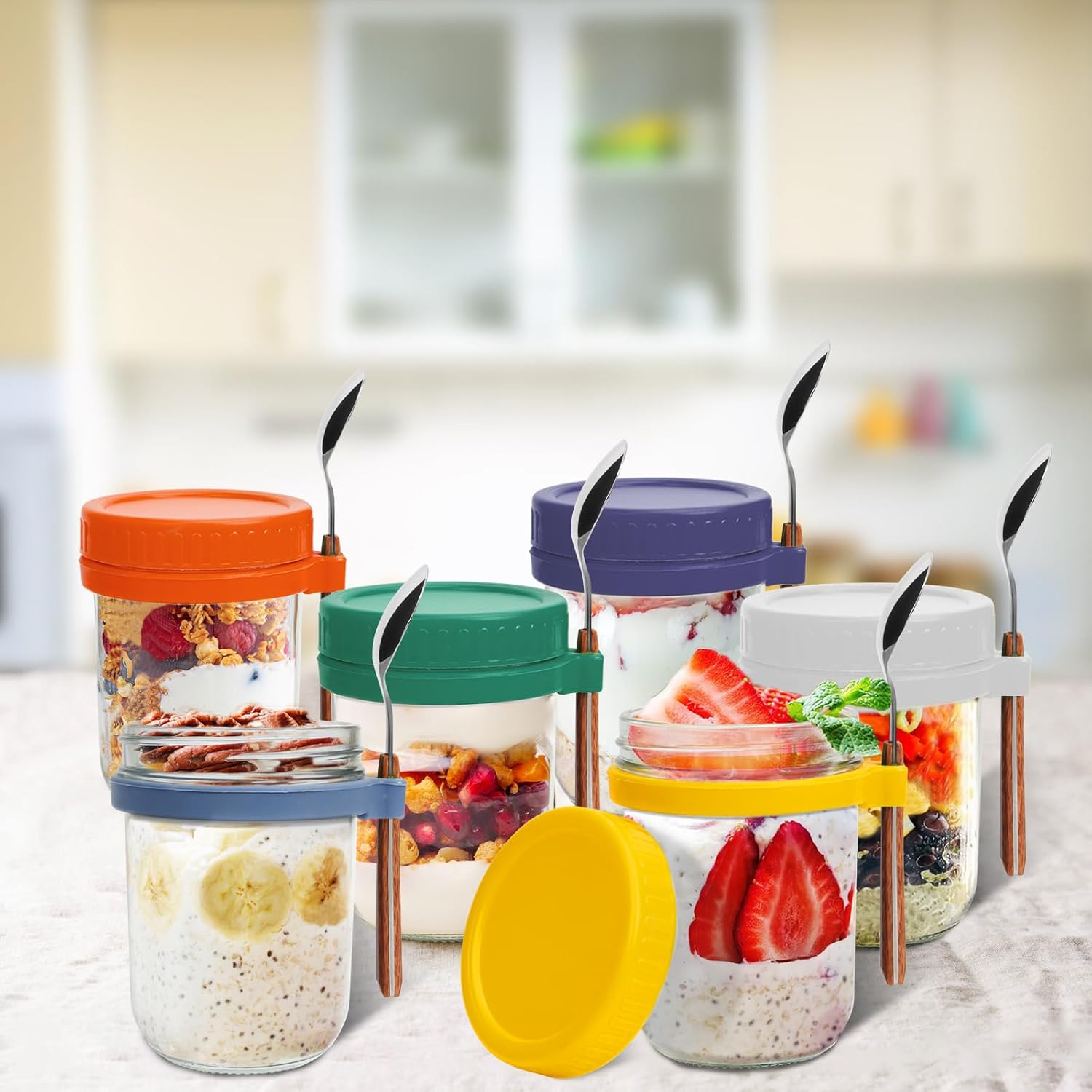 6-Piece Glass Overnight Oats Vessel Set with Lid and Spoon Holder