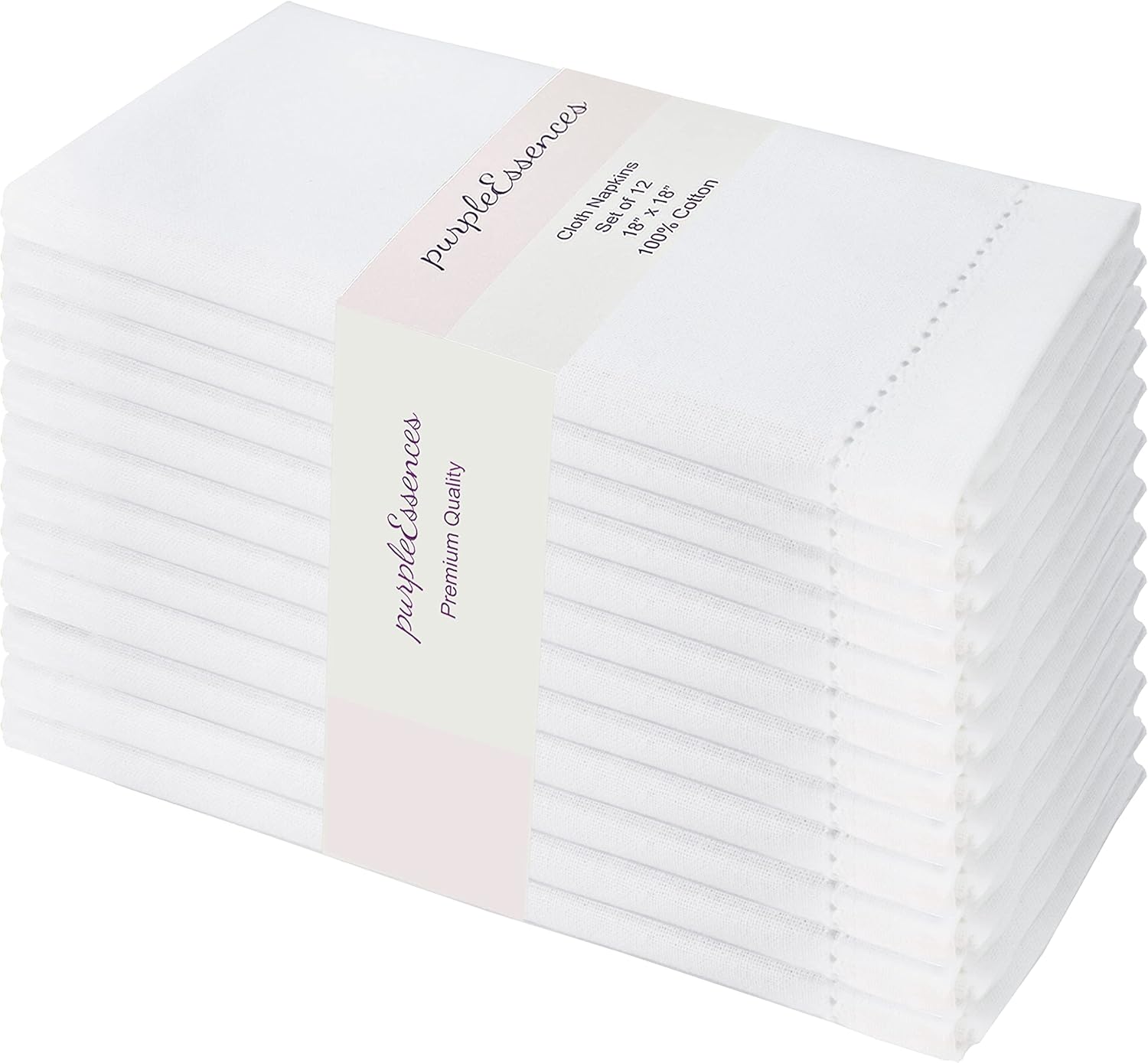 PurpleEssences 12 Pack Hemstitch Cloth Napkins 18x18 White 100 Cotton