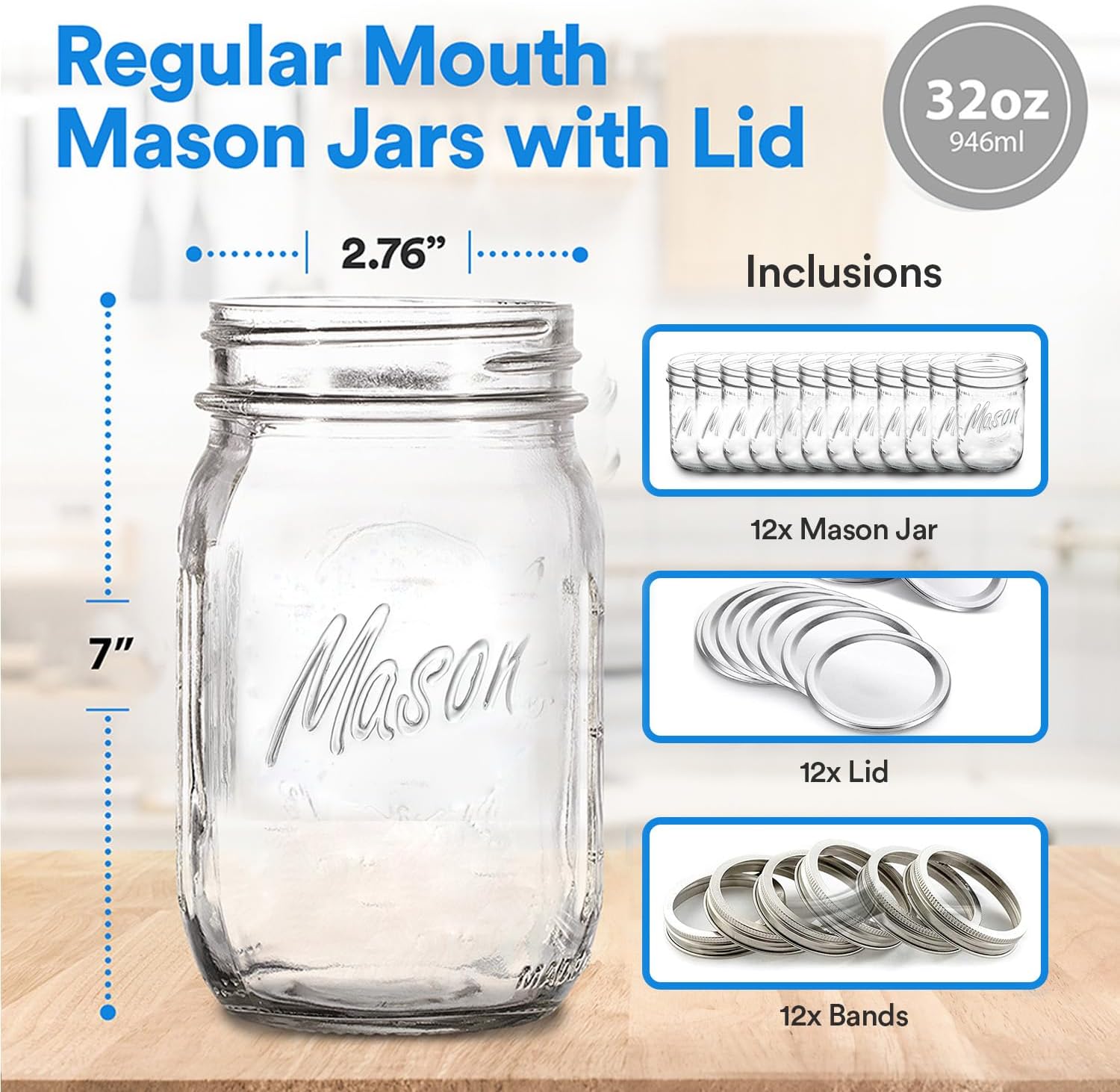 Mason Jars 12Pack of 32oz Airtight Made in USA