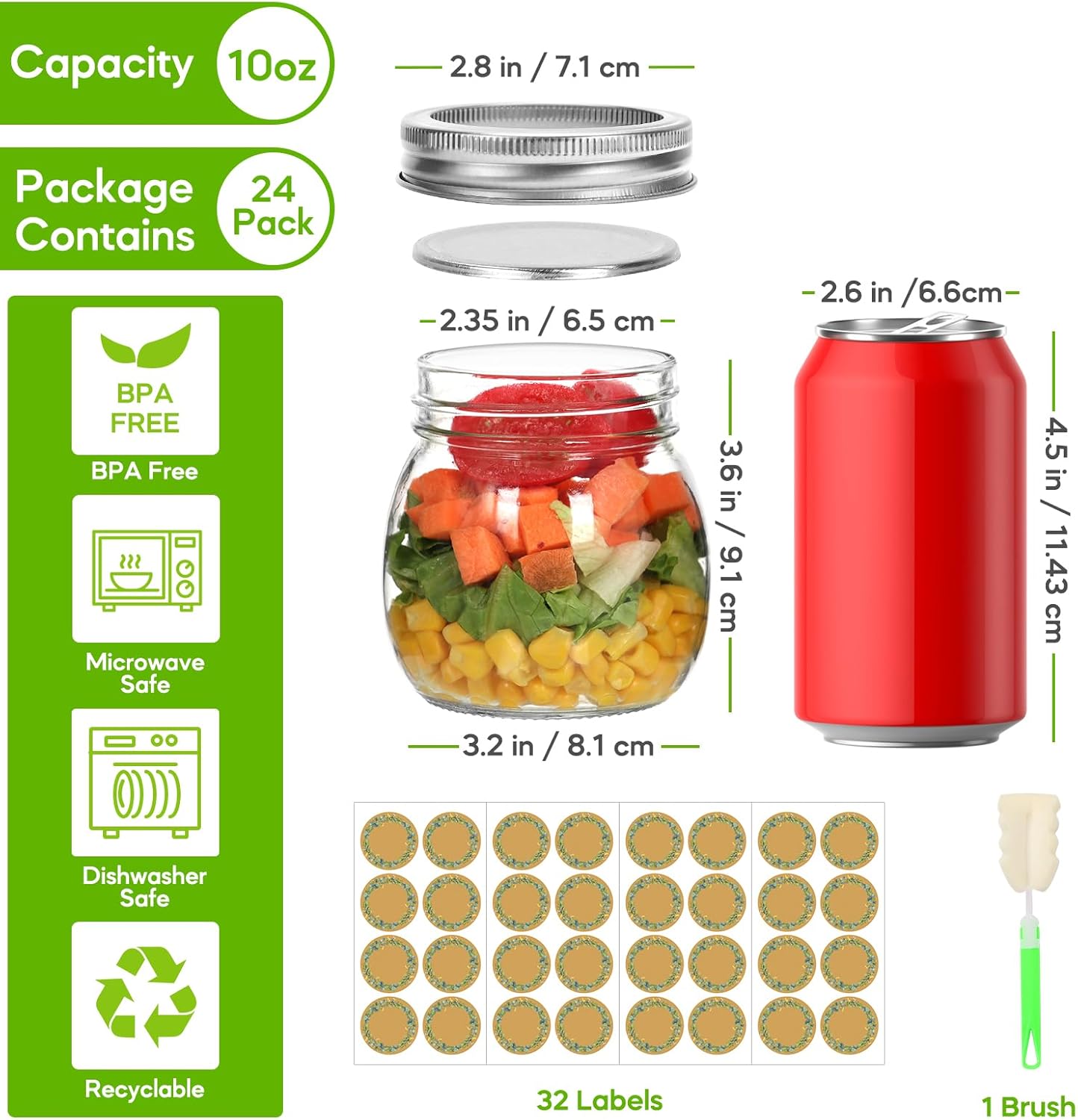 10 oz Mason Jars with lids 24 pack premium quality