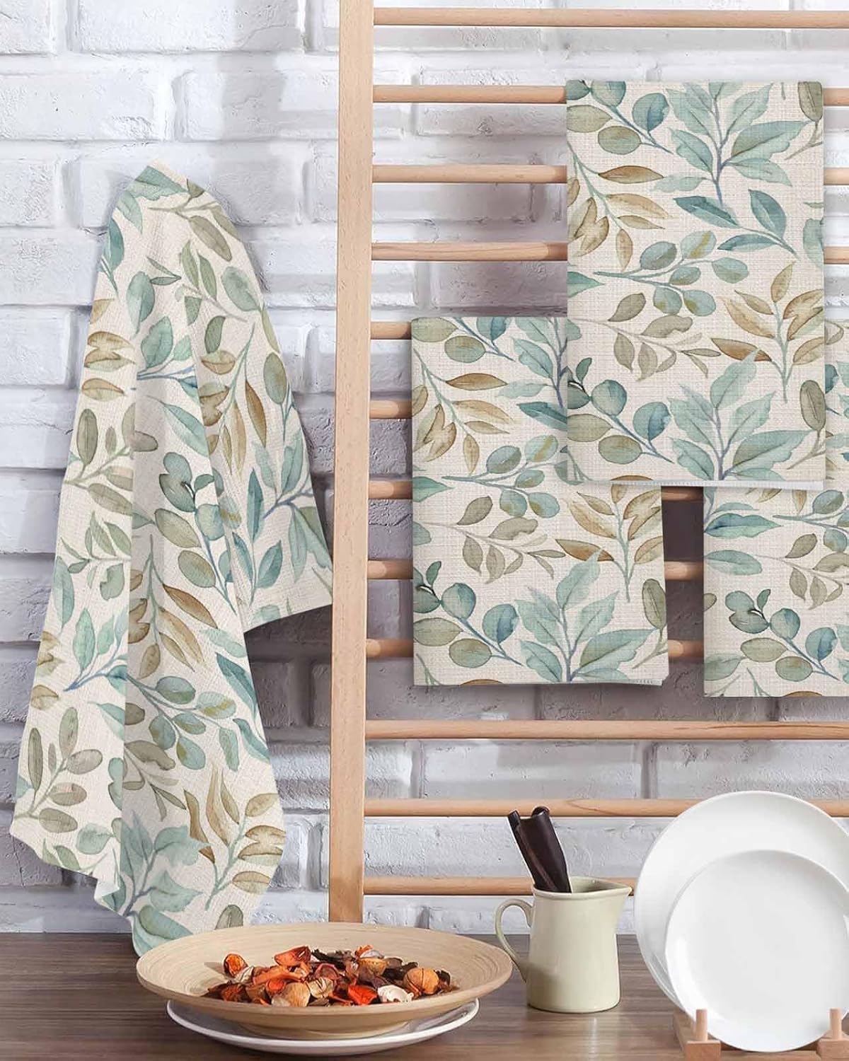 Habitual Autumnal Hand Towels Microfiber Waffle Weave 157x236 in Autumn Green Blue Leaves