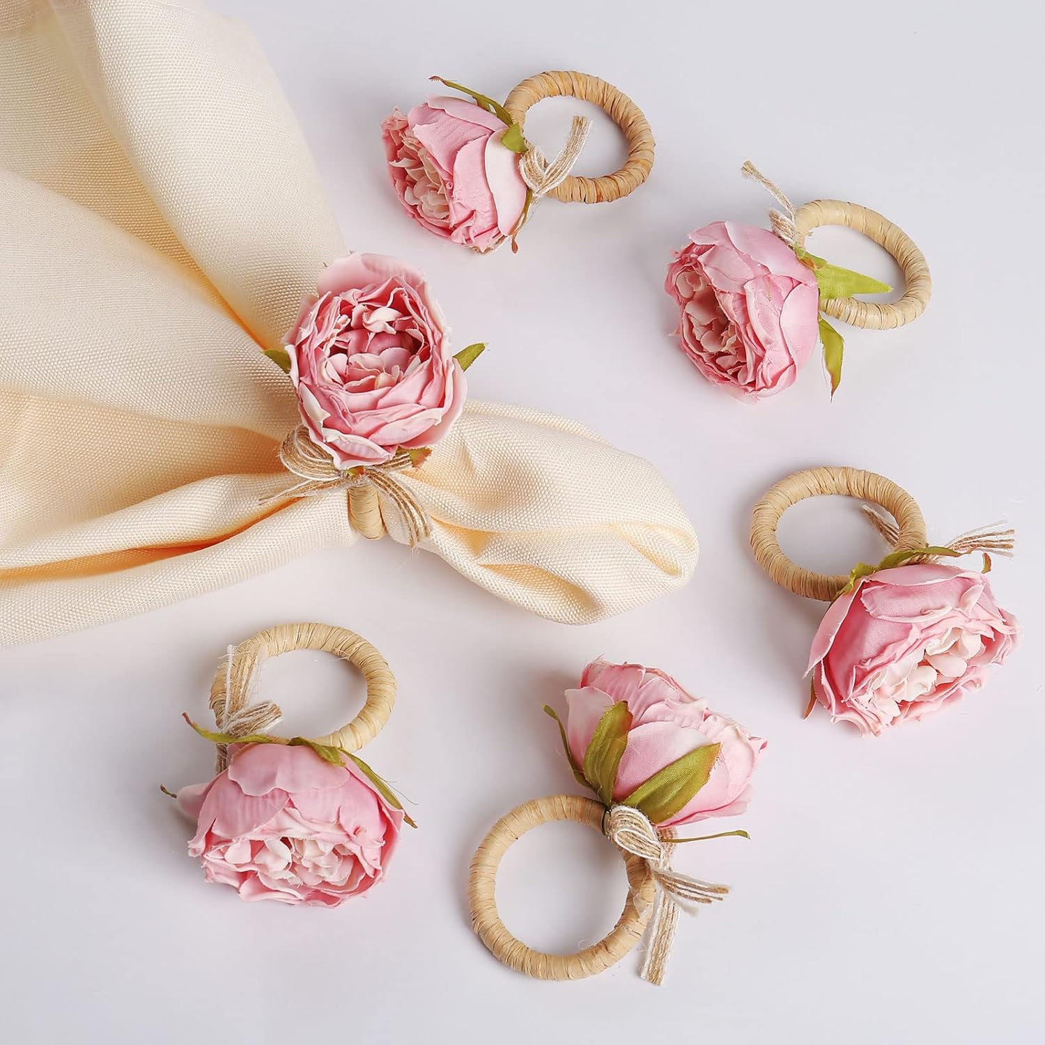 FEKIDO Handcraft Flower Napkin Rings Set of 6 Pink Peony