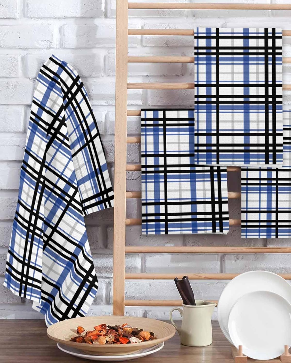 Habitucy Blue Black Plaid Hand Towels Set Retro Farmhouse Kitchen