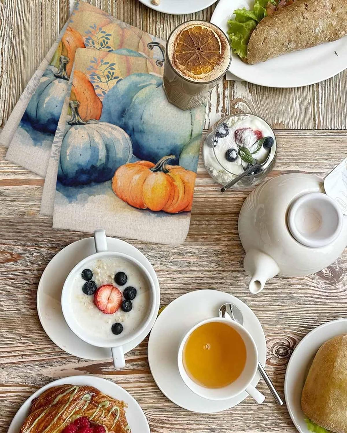 Blue Orange Pumpkins Hand Towels Set