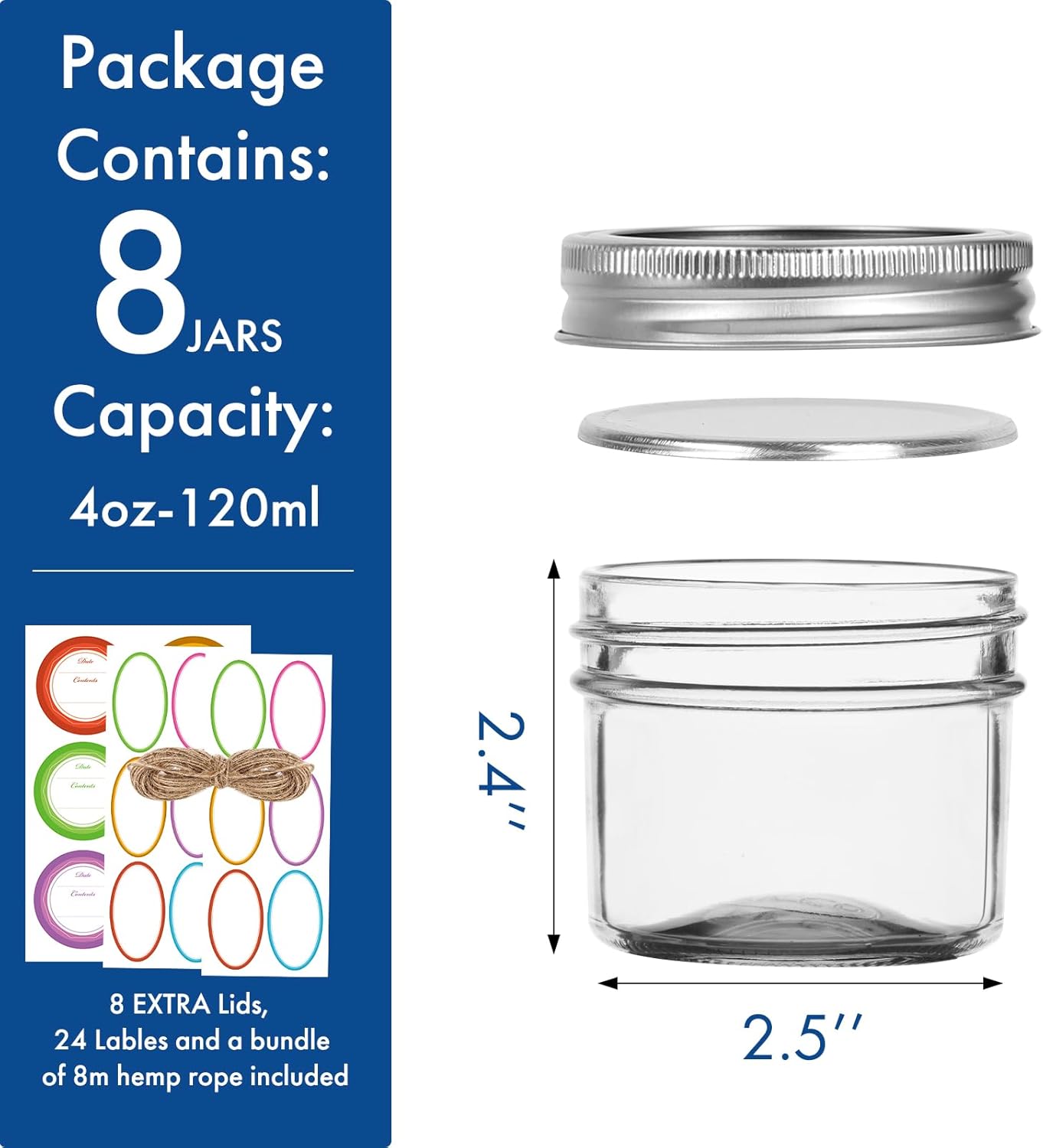Haneye Small Mason Jars 8-Pack 4oz Glass with Regular Lids