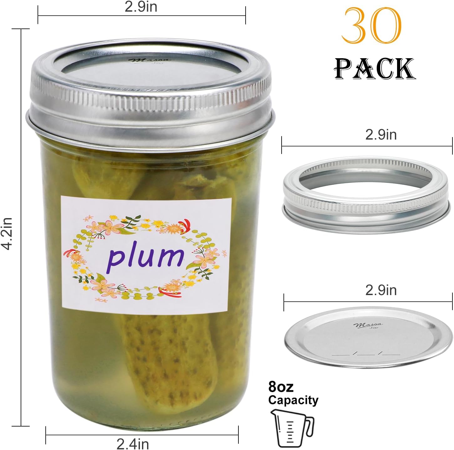 Mason Jars 8 oz Set of 30 Regular Mouth Airtight Lids BPA Free