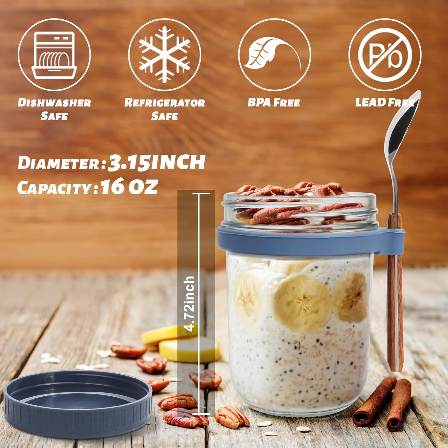 6-Piece Glass Overnight Oats Vessel Set with Lid and Spoon Holder