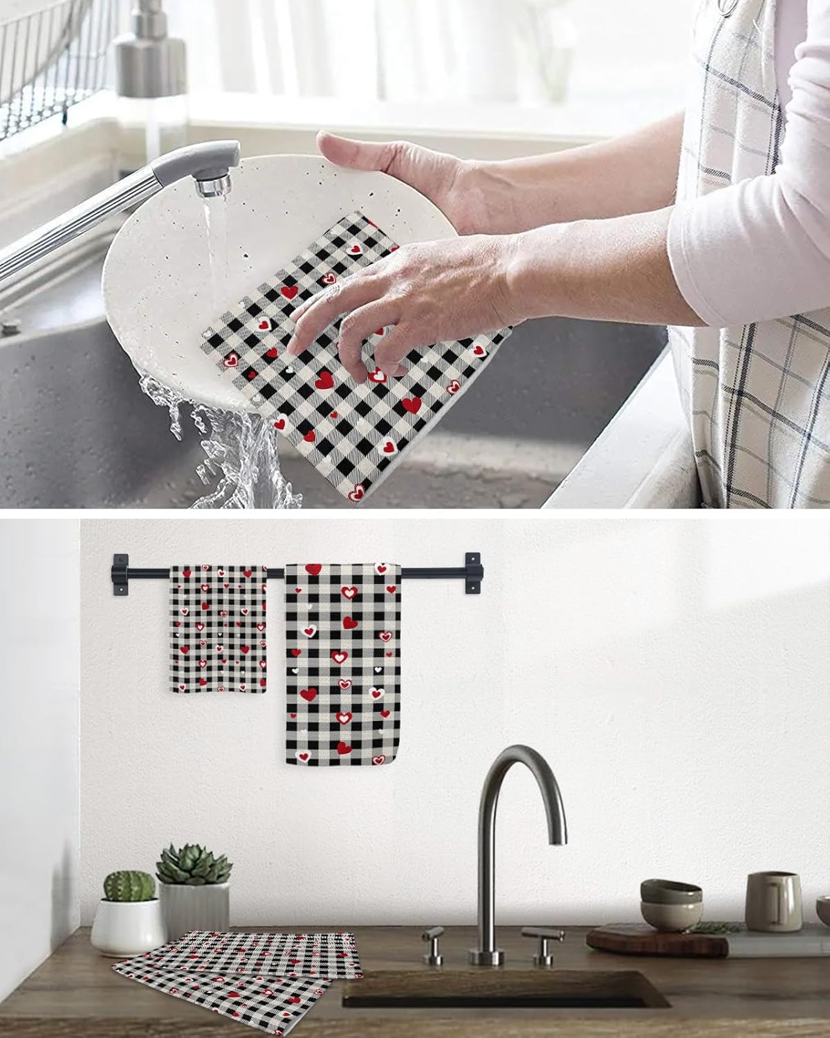 Rustic Plaid Black Waffle Kitchen Dish Towels Set of 2