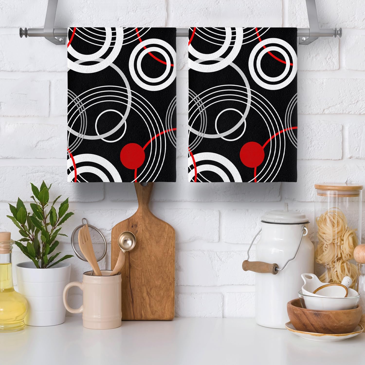 Cukemip Modern Black Red Retro Dish Towels Set of 2