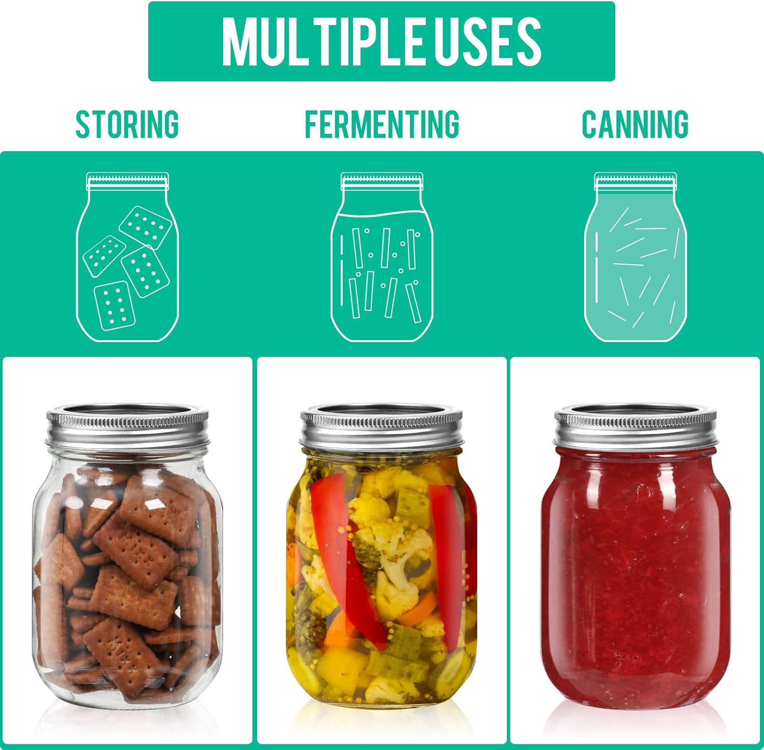 16oz Glass Mason Jars Set Eco-Friendly with Bands 15 Pack
