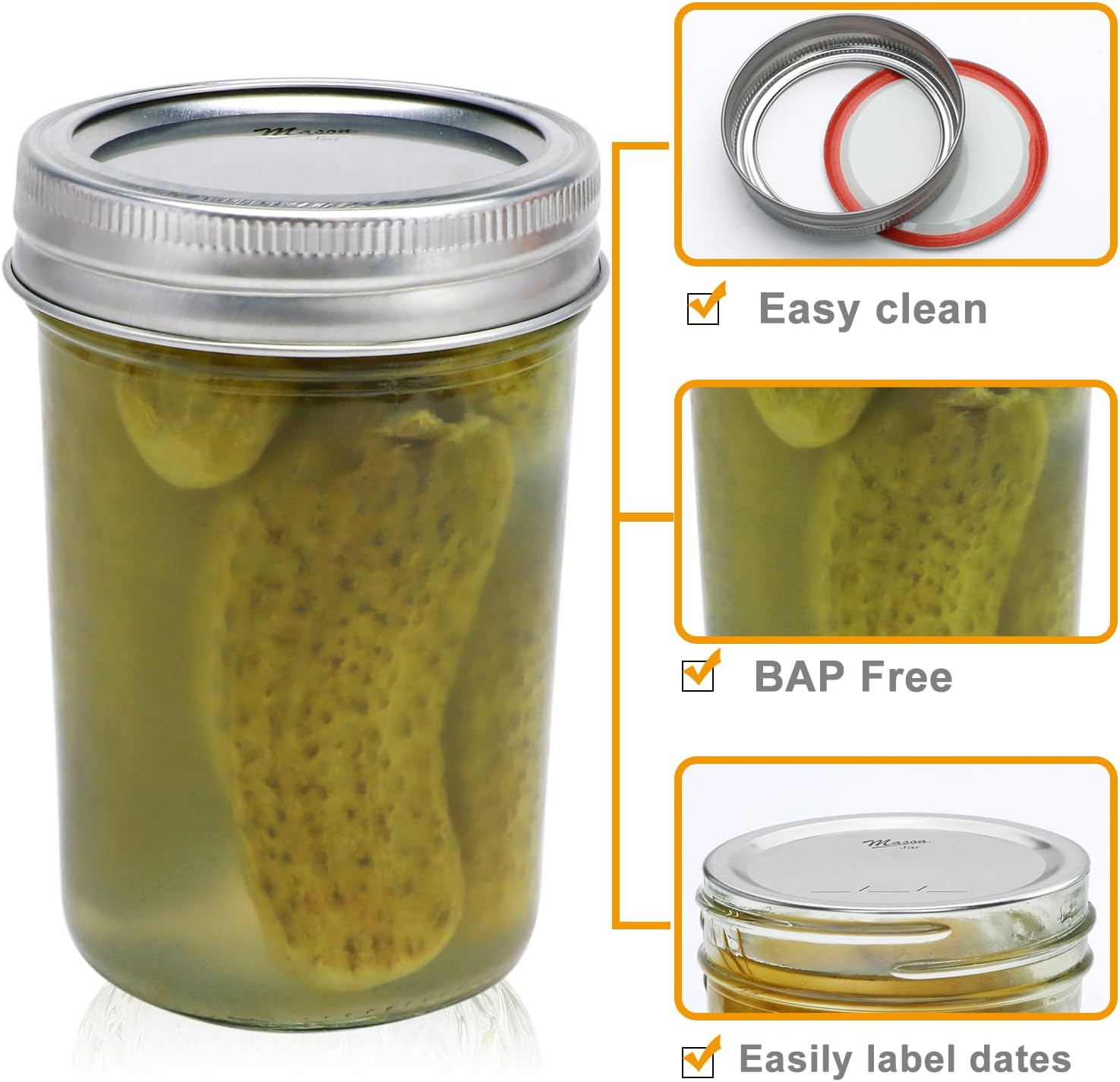 Mason Jars 8 oz Set of 30 Regular Mouth Airtight Lids BPA Free