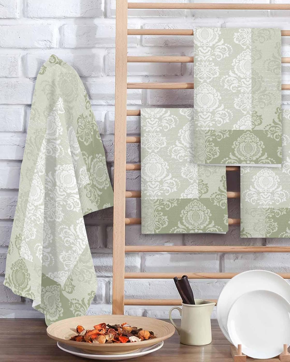 Sage Green Damask Hand Towels Set 4 Piece
