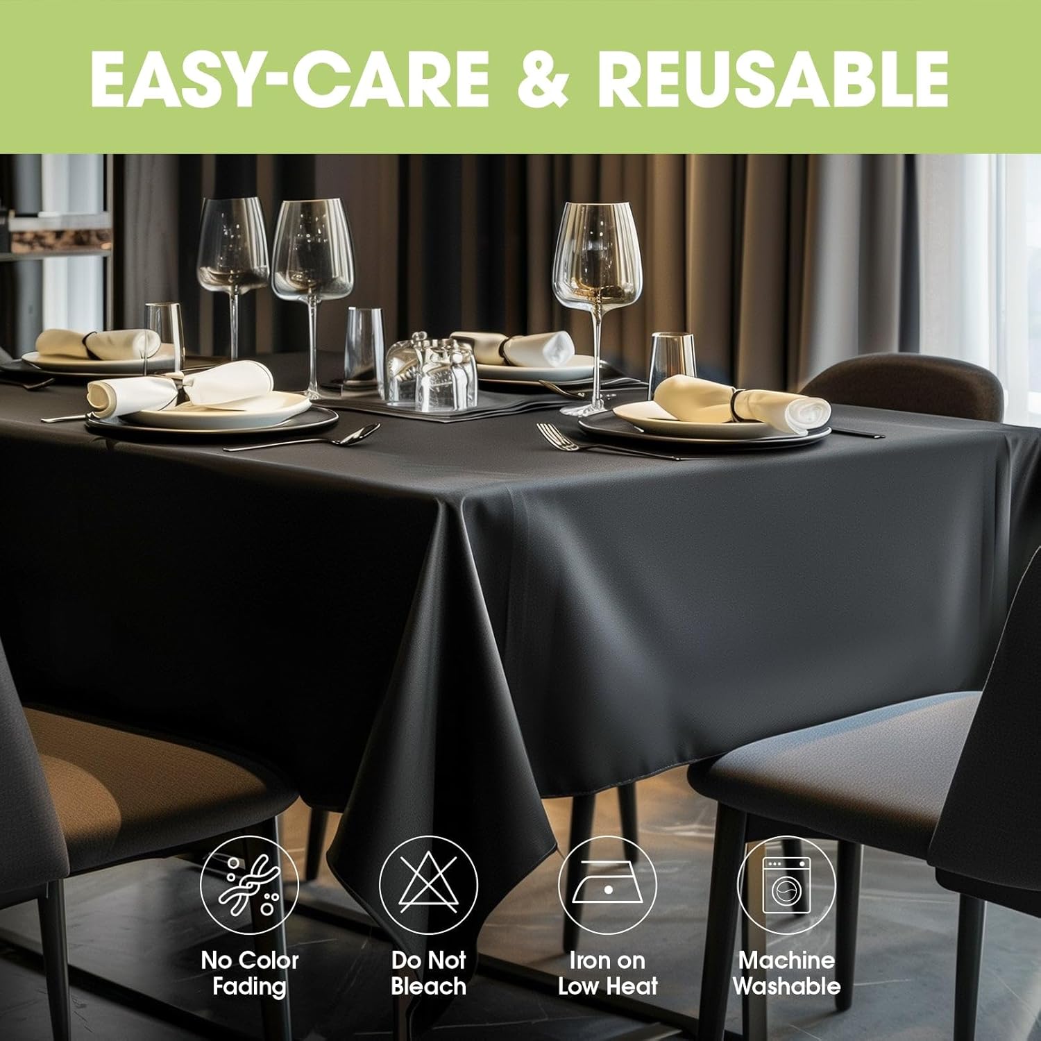 Pureegg Tablecloth - 60x84 inch Black Washable Soft Durable
