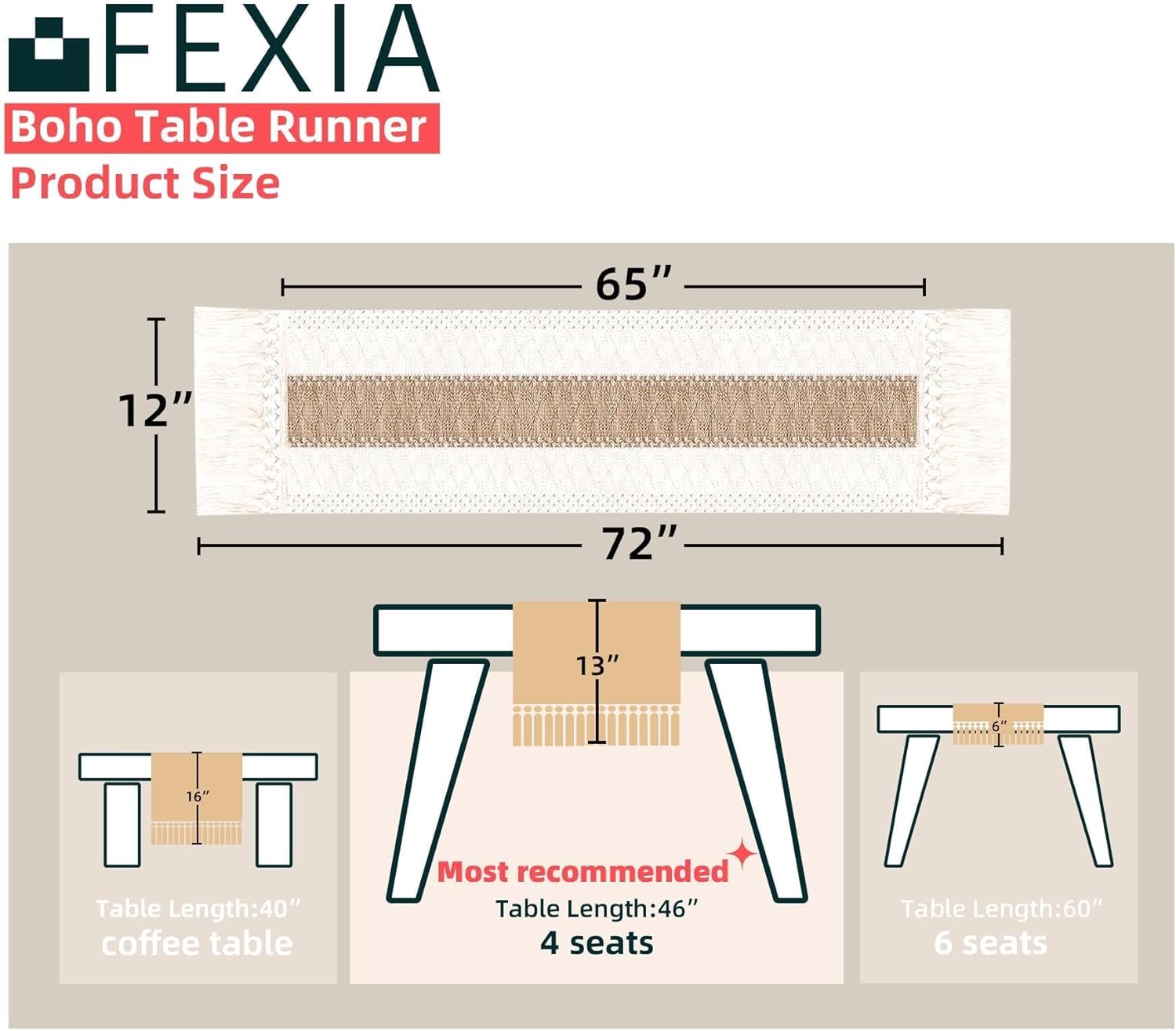 FEXIA Boho Rustic Table Runner 72-Inch for Home Special Events
