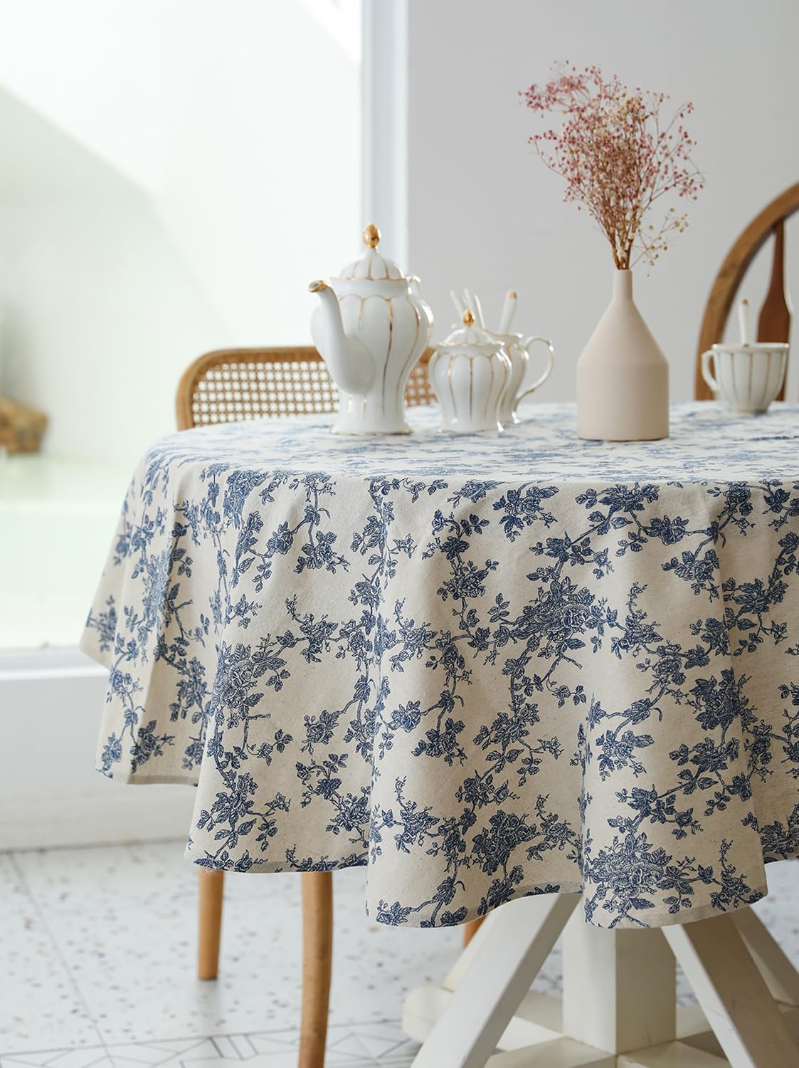 Pastoral 60-Inch Round Tablecloth Floral Linen Tablecloth Washable Dust-Proof