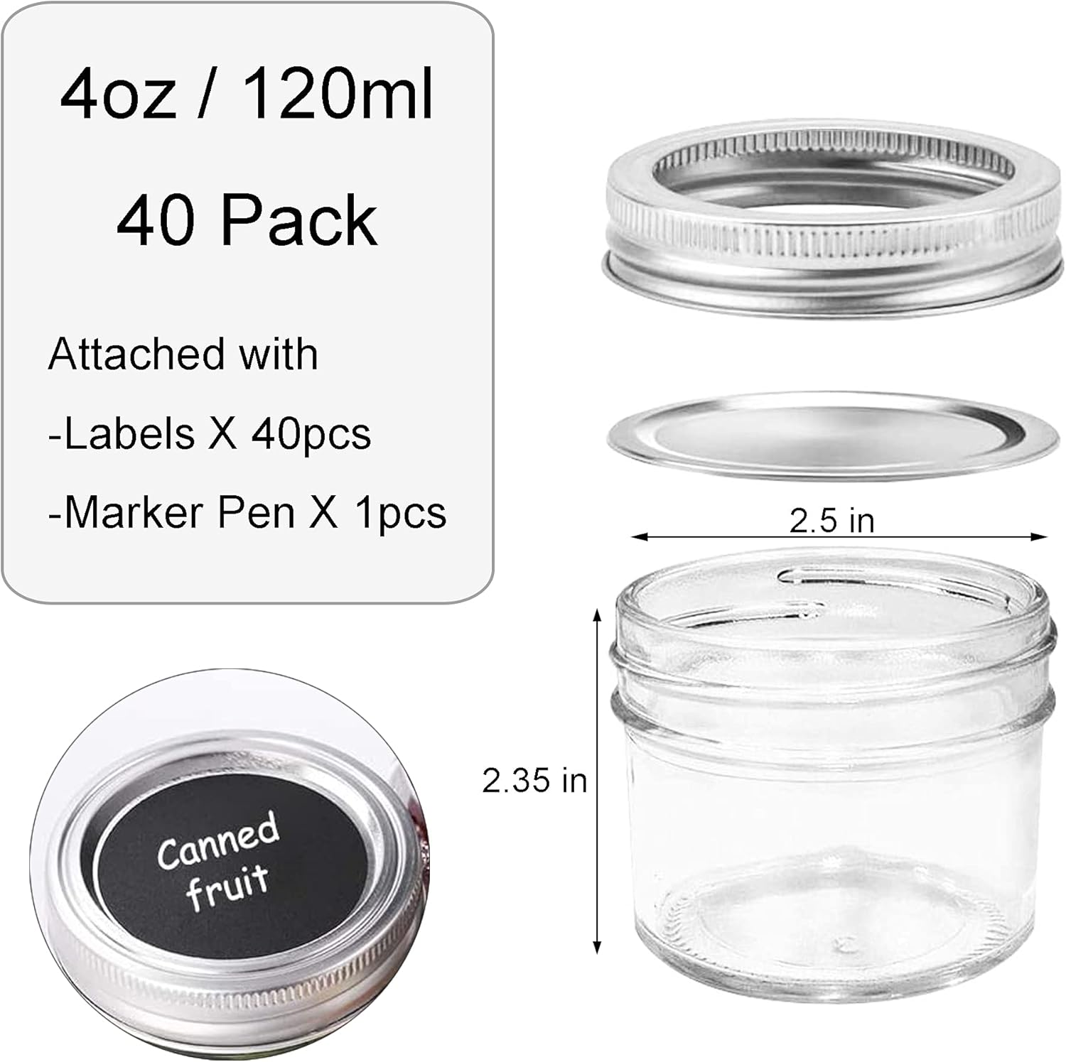 Homerove 4 oz Mason Jars with lids 40-pack