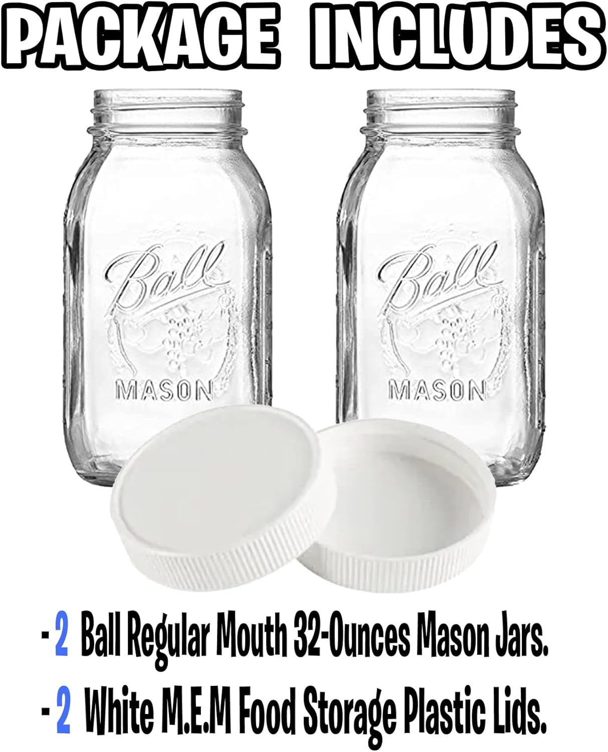 Pack of 2 32 oz Zestier Mason Jars with White lids