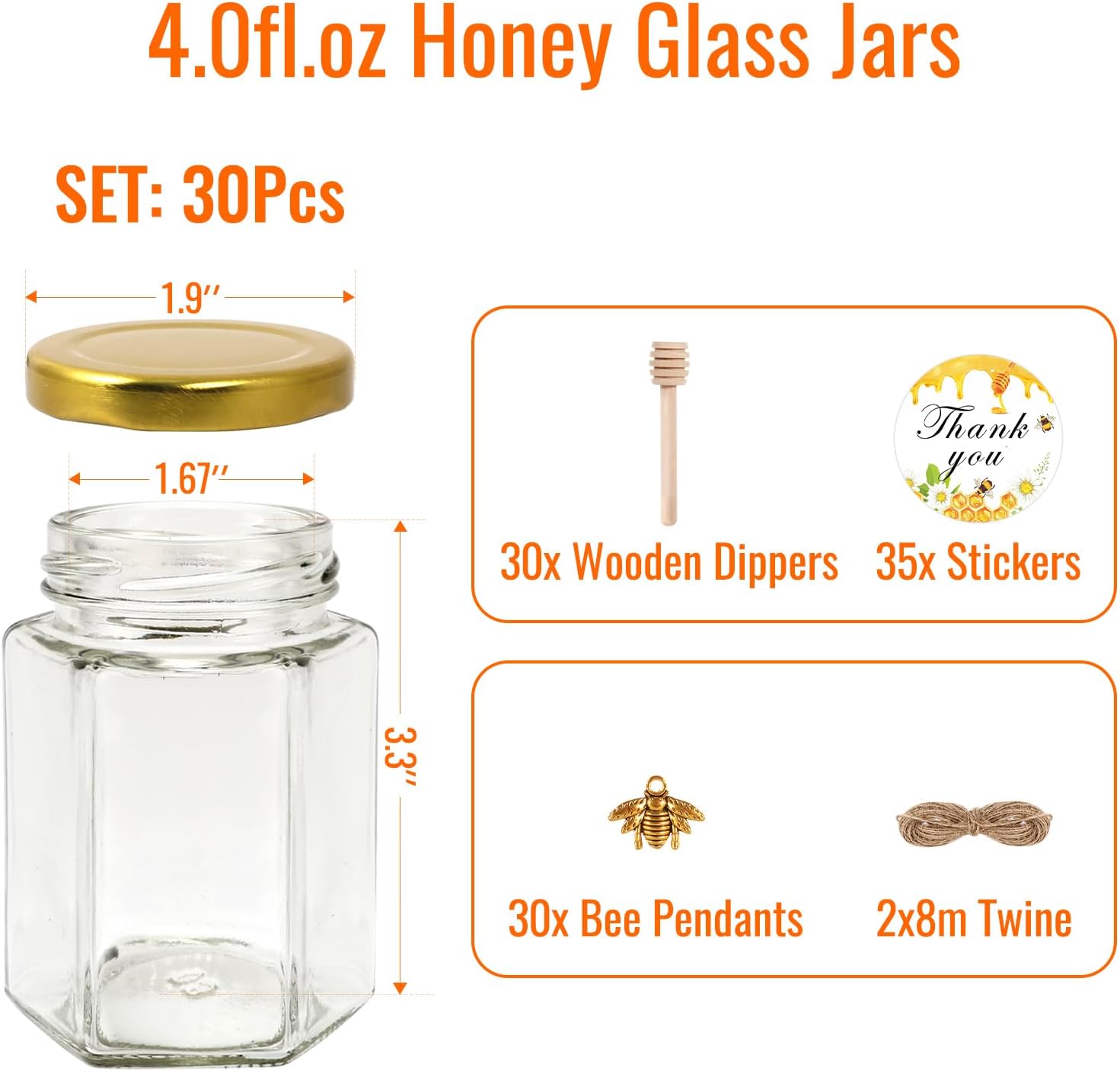 Bigivaca 4 oz Glass Honey Jars with ejected caps 30 pack