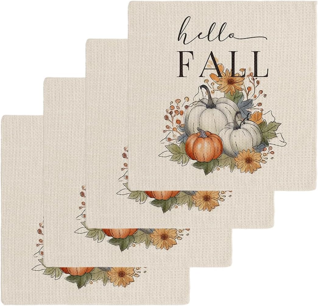 Orange White Pumpkin Dish Towels Set 4pcs
