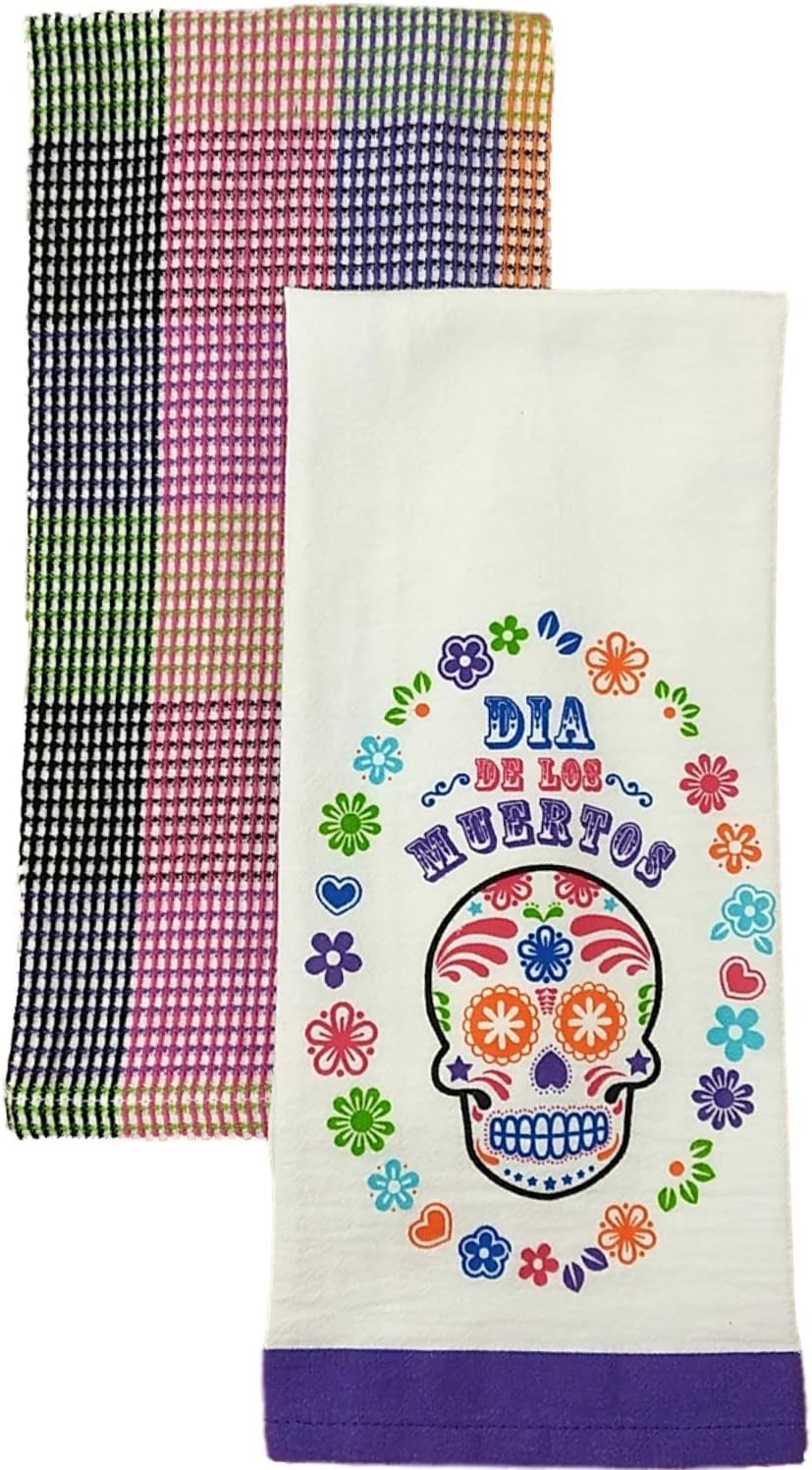 Celebrate Halloween Day of The Dead Skull Kitchen Towel Set 2 Piece