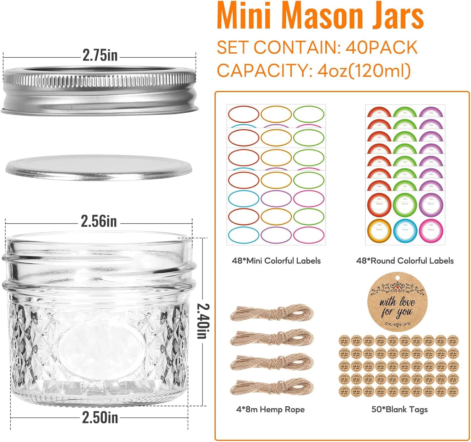 TOEKSIX Mini Mason Jars 4 oz 40 Pack