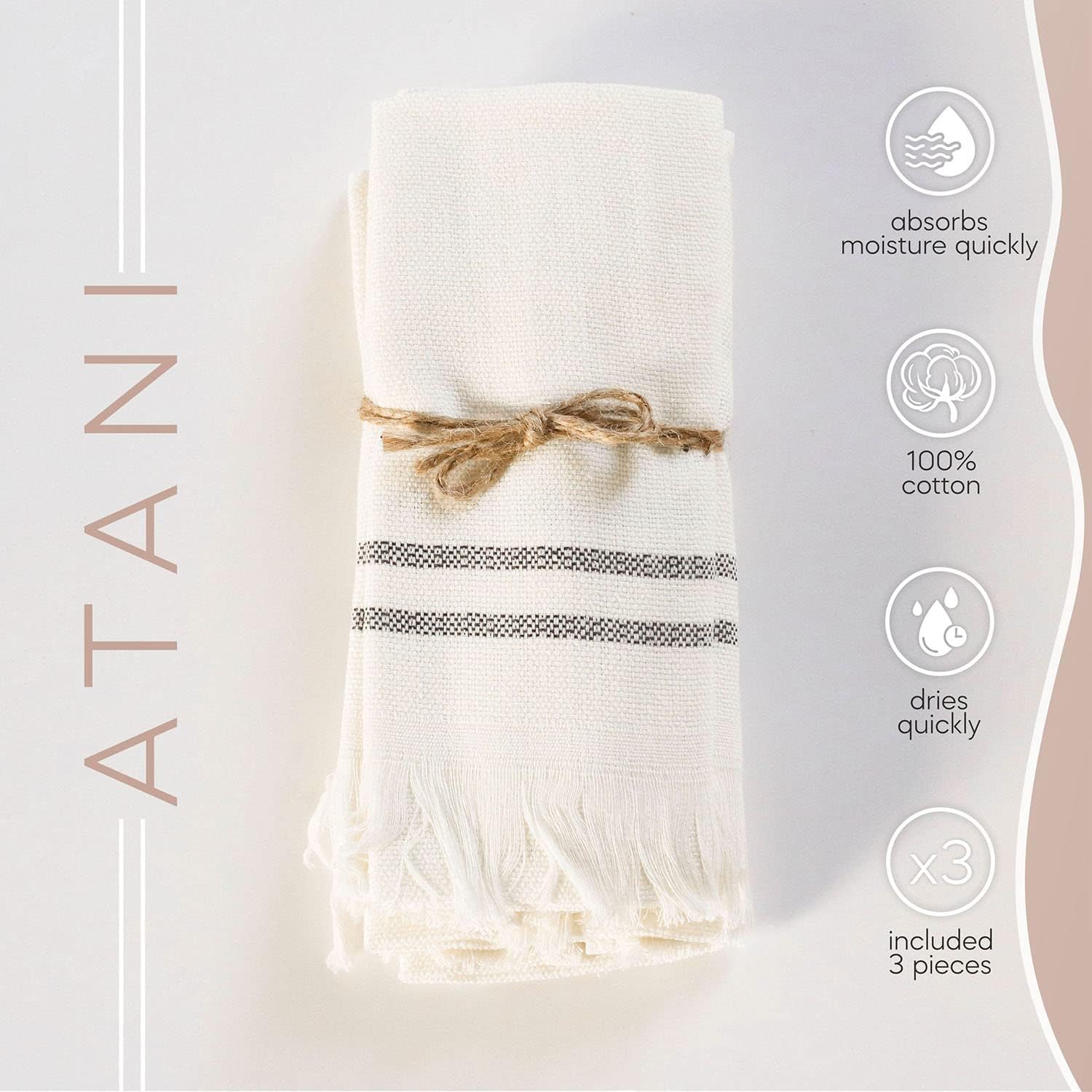 ATANI Turkish Kitchen Towels 3 Set Pure Turkish Cotton Quick-Dry Dish Towels