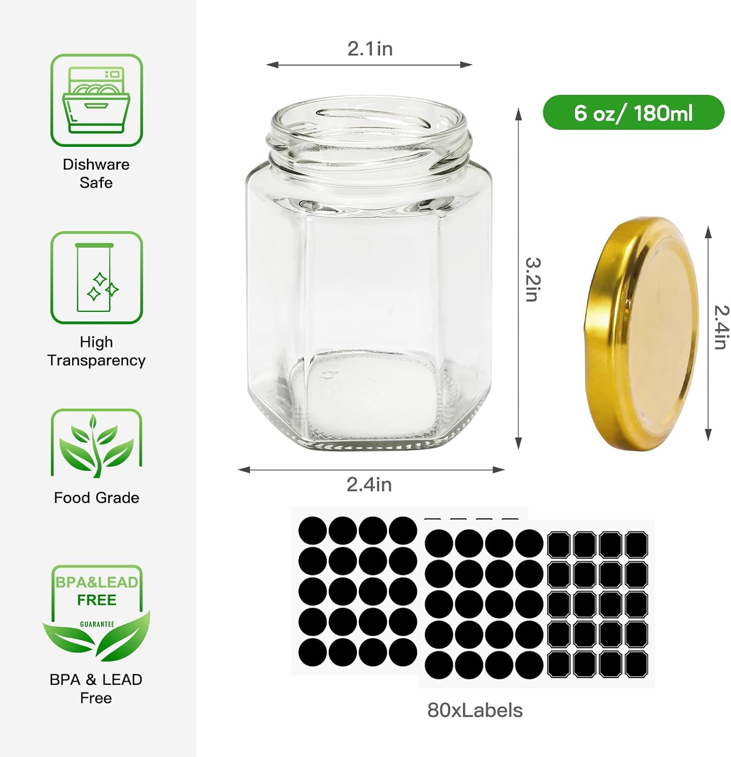 BIGIVACA 30 Pack 6 Oz Hexagon Glass Jars with Gold Lids