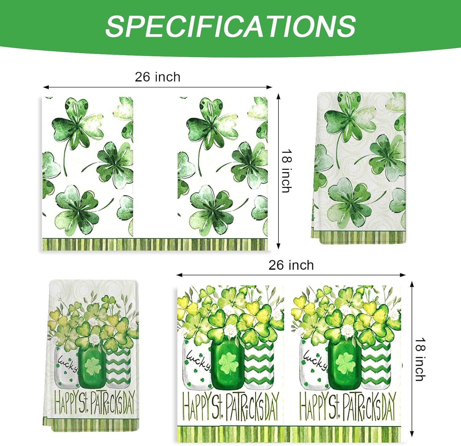 St Patricks Day Kitchen Dish Towels Set of 2 Four-Leaf Clover Design