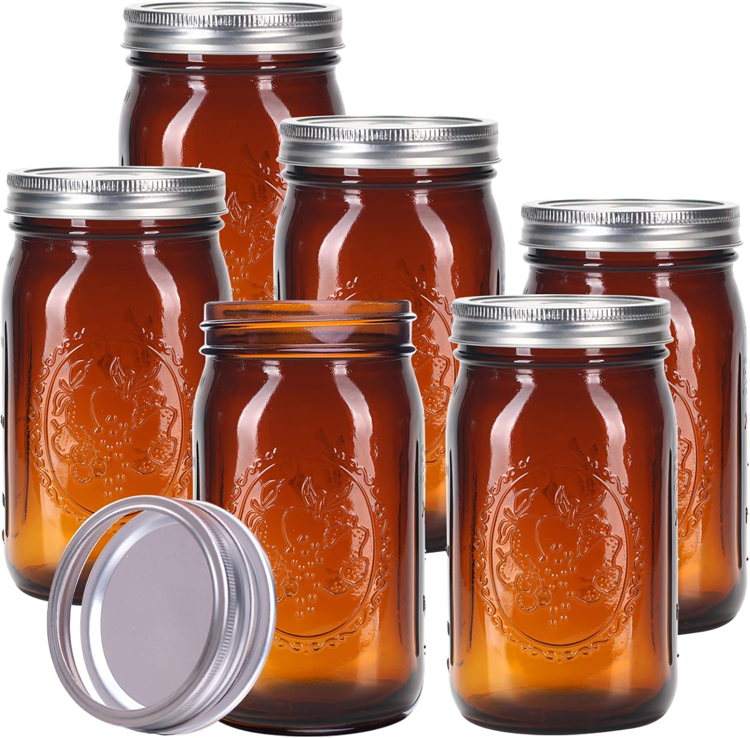 Eleganttime Amber Glass Mason Jars 32 oz Wide Mouth 6-Pack